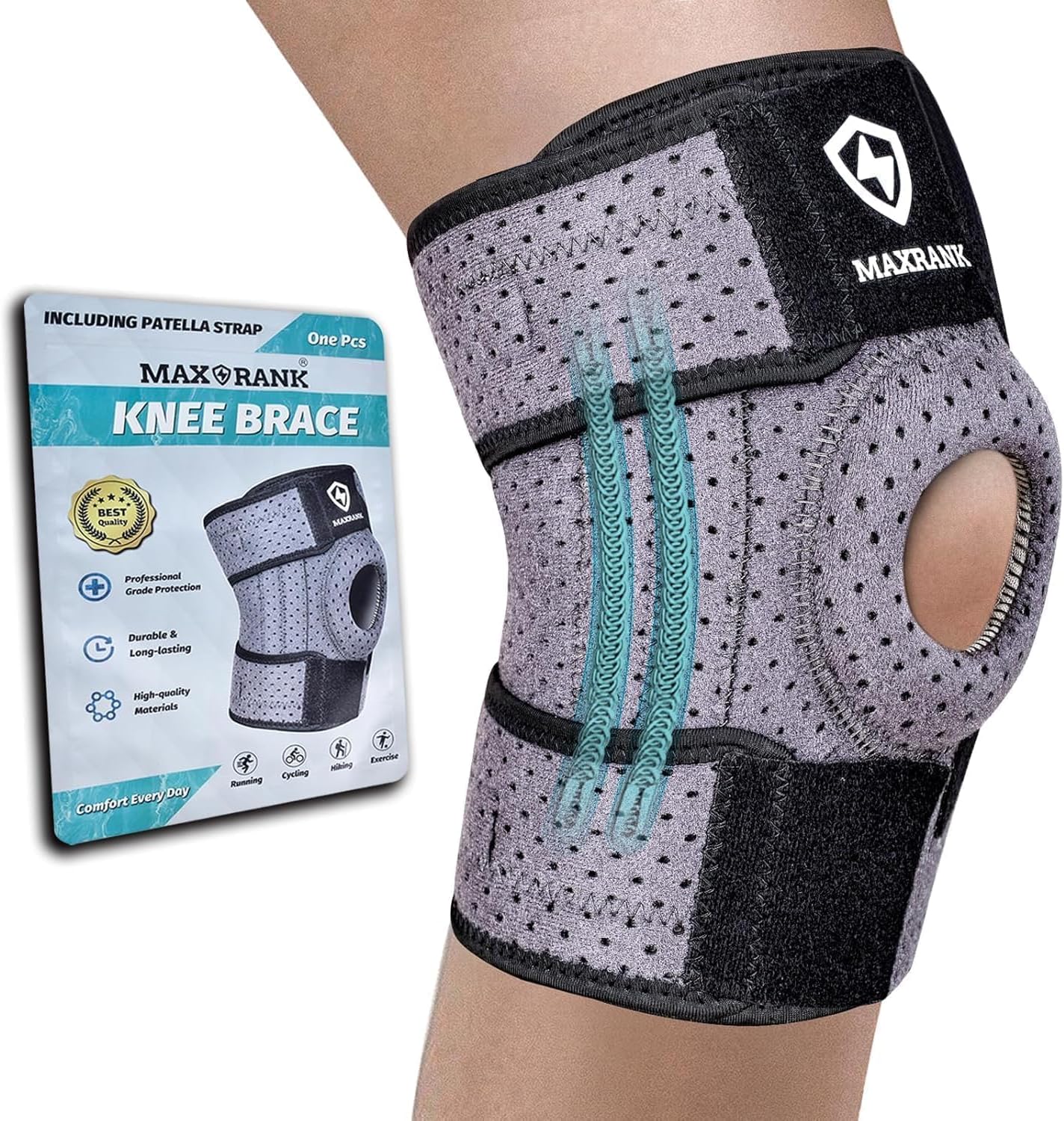 MAXRANK Knee Brace with Side Stabilizers for Men & Women - Washable Knee Support with Adjustable Velcro Patella Straps for Workout, Pain Relief, Meniscus Tear, Arthritis, ACL (15-19.5'' Kneecap)
