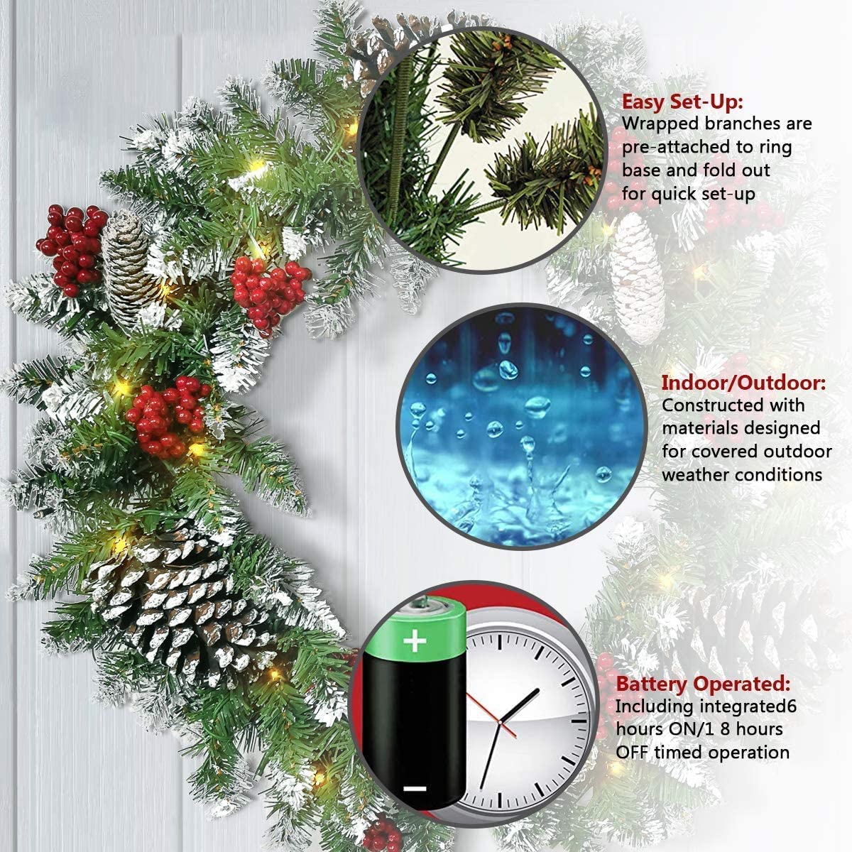 Corona de Navidad, flocada con Decoraciones Mixtas y 50 Luces LED, para Pared del hogar, Ventana, Escalera, decoración de Puerta, decoración de Invierno al Aire Libre (batería no incluida) (WM202103,