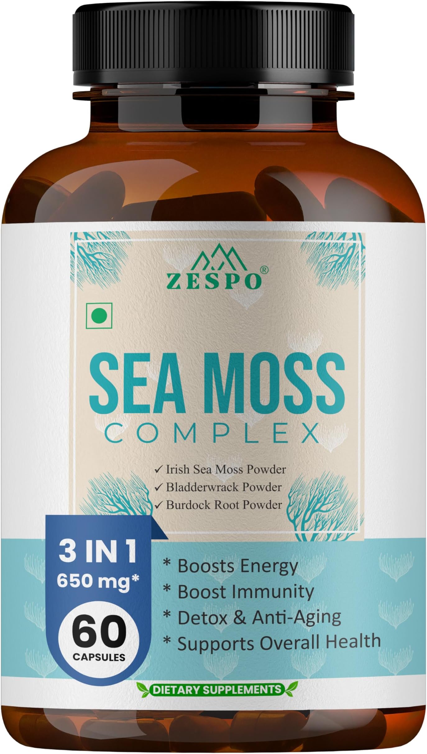 Zespo Sea Moss Complex Capsules with Irish Moss, Bladderwrack, and Burdock Root - Natural Thyroid, Digestive, and Skin Health Support - Rich in Nutrients - 60 Cap