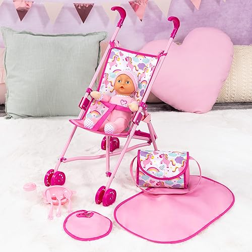Miniatura 4 de Bayer Buggy Umbrella Stroller - Juego de muñecas de unicornio rosa, arco iris, muñeca de bebé con Sroller, bolsa de hombro a juego y accesorios