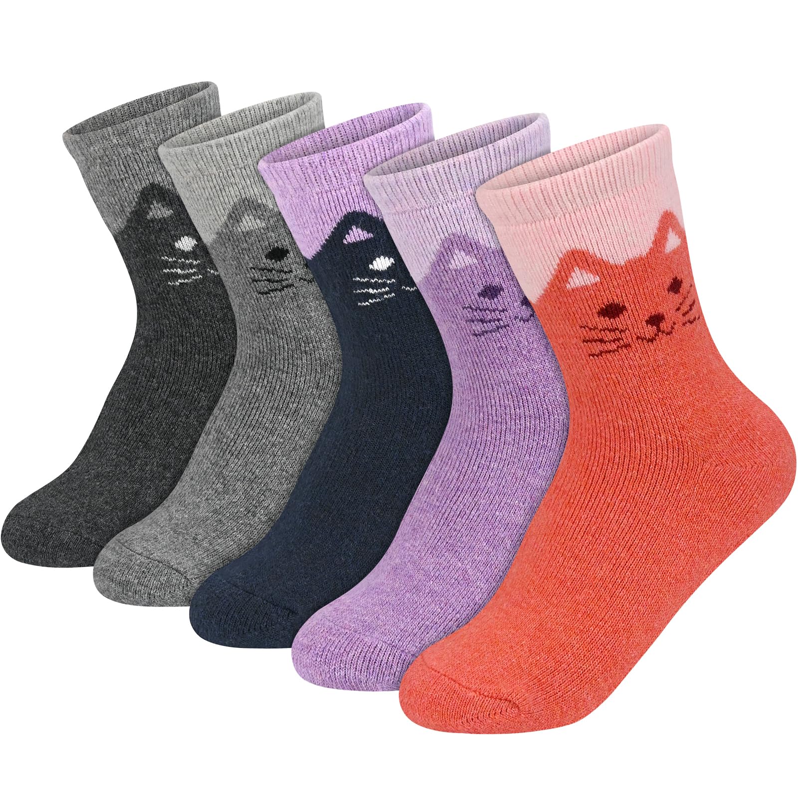 Srclo Boys Multicolor Kids Merino Wool Thermal Cat Socks For Girls Toddlers Winter Thick Cosy Crew Socks Gift For Kid 5Pairs