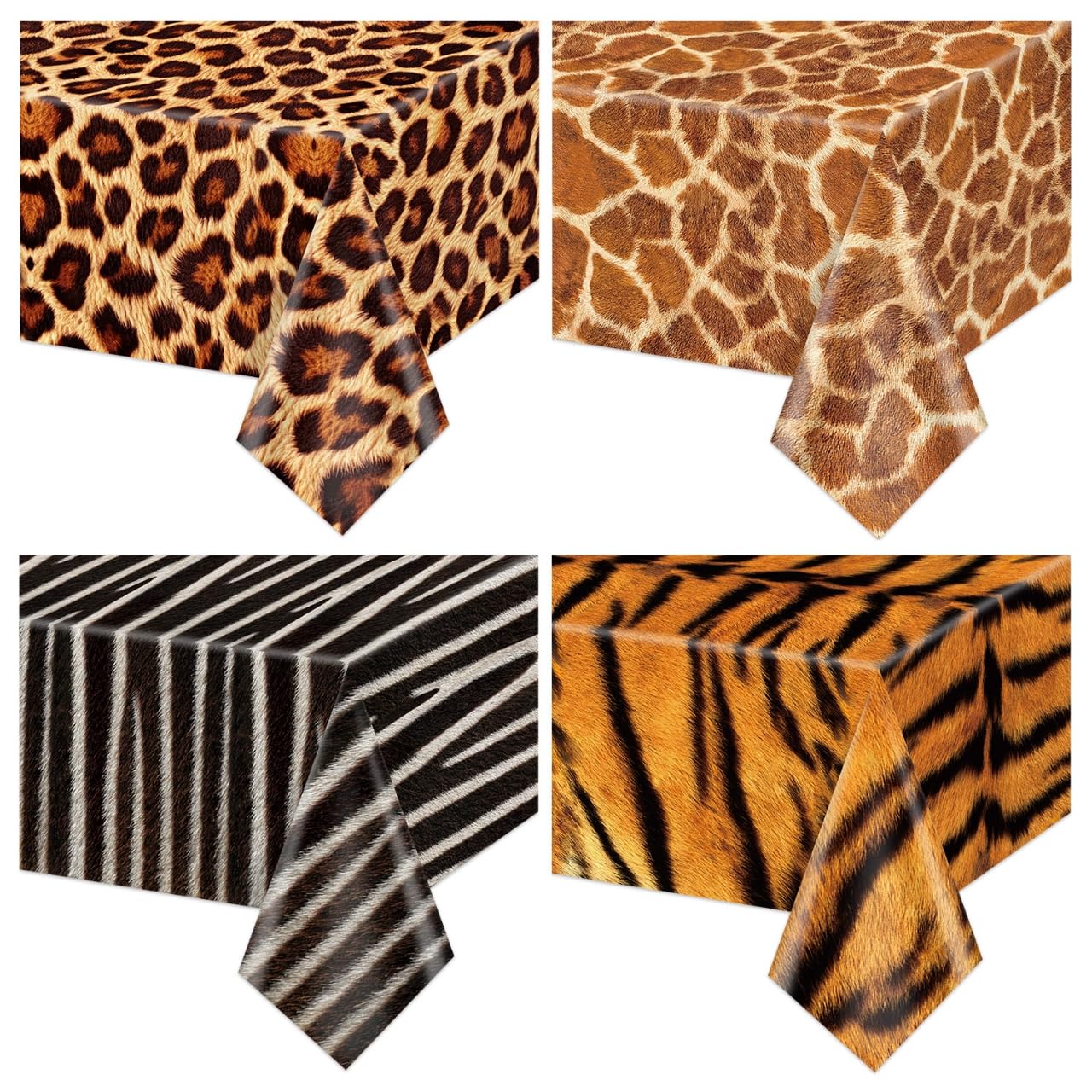 Animal Safari Tablecloths, 4 Pack Leopard Tiger Zebra Giraffe Table Cloths Jungle Animal Theme Tablecloths for Safari Baby Shower Decorations Jungle Theme Birthday Party Decorations, 130 x 220 cm