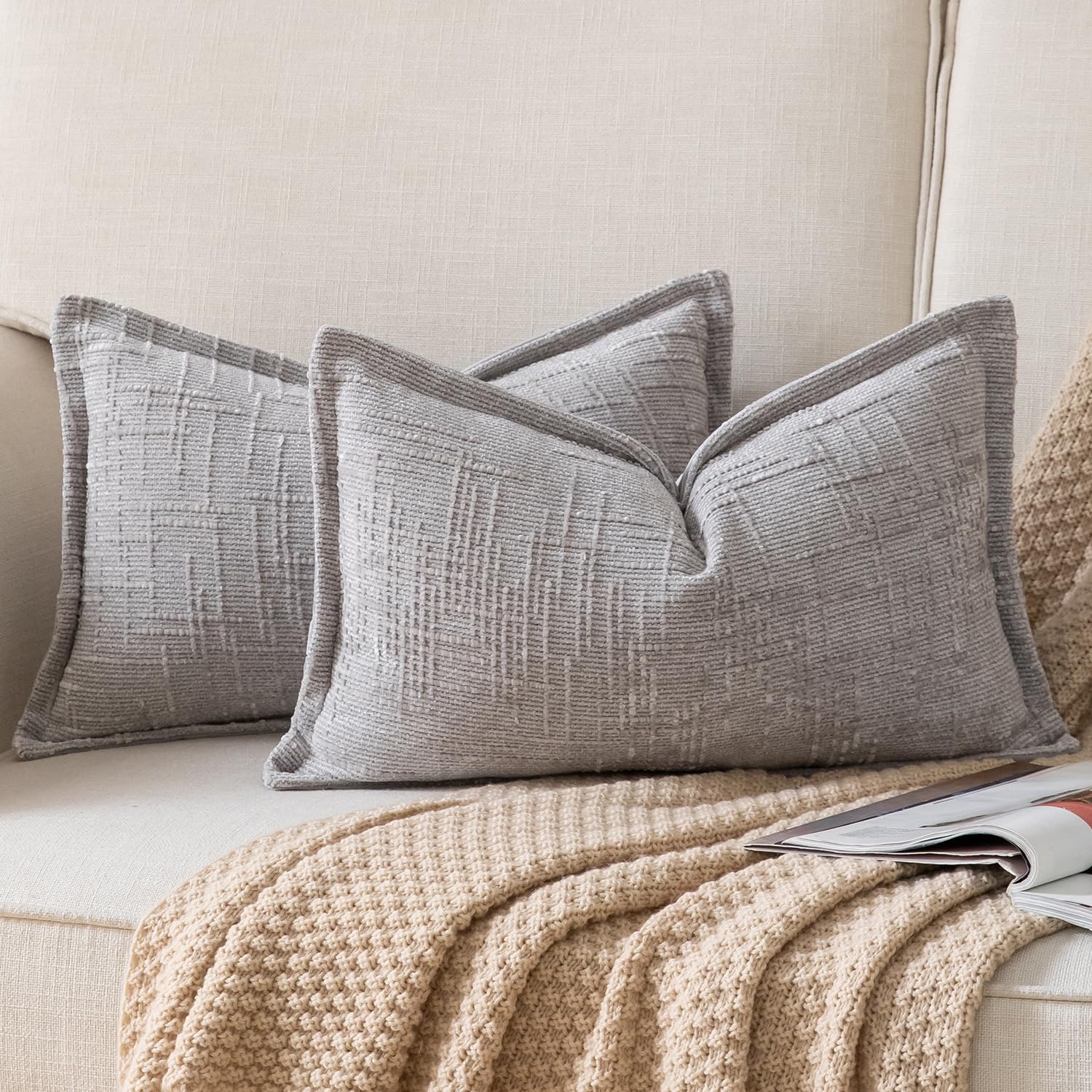 YAERTUN Chenille Cushion Covers 40x60 cm 16x24 inch Set of 2 Textured Broadside Soft Cozy Velvet Throw Pillow covers Farmhouse Boho Decorative Pillow Cases for Couch Bed Sofa Livingroom LightGray