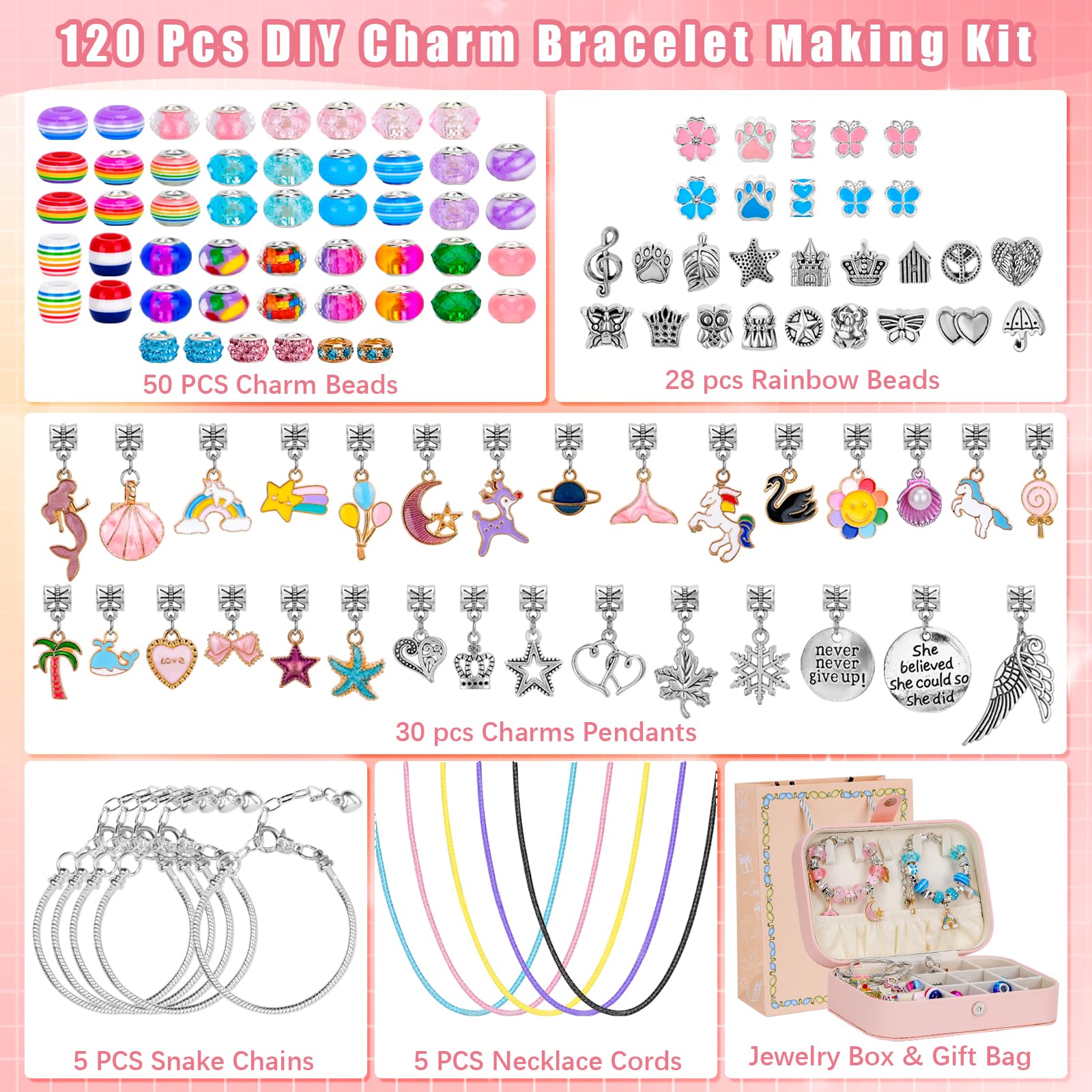 Hysagtek Kit per la creazione di gioielli per ragazze, 120 pezzi, kit per la creazione di braccialetti con perline fai da te, per ragazze, kit di collane, ciondoli con scatola