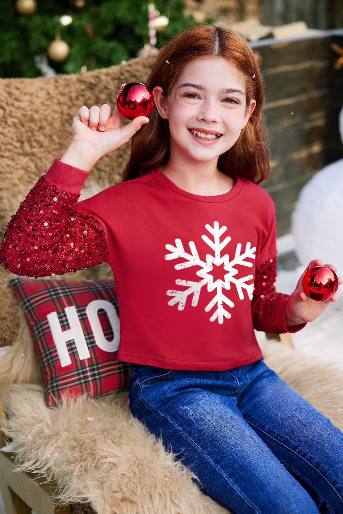 BesserBay Camisa de manga larga para niñas, diseño de retazos de lentejuelas, para Navidad, de 6 a 14 años