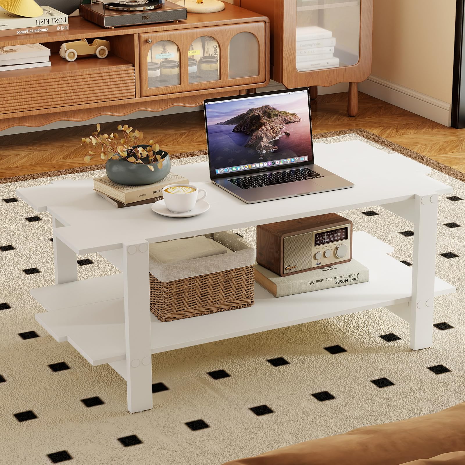GOFLAME Wood Coffee Table with Storage 2-Tier Irregular Center Table with Open Storage Shelf Modern Accent Tea Table