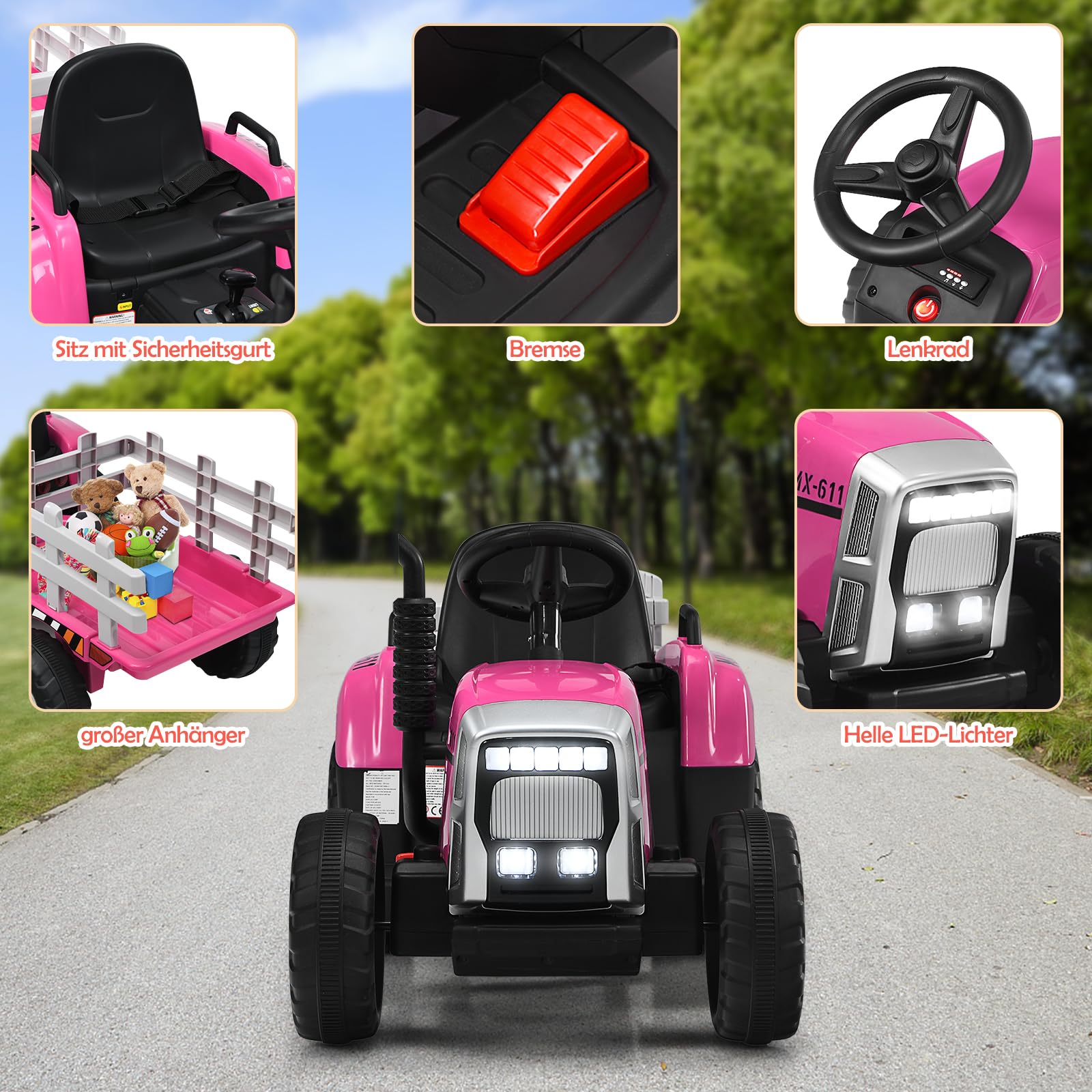 GOPLUS Elektryczny traktor dla dzieci 12 V z przyczepą, 3-biegowy pojazd elektryczny z pilotem zdalnego sterowania, samochód elektryczny z oświetleniem LED, muzyką i Bluetooth, obciążenie 30 kg, od 3