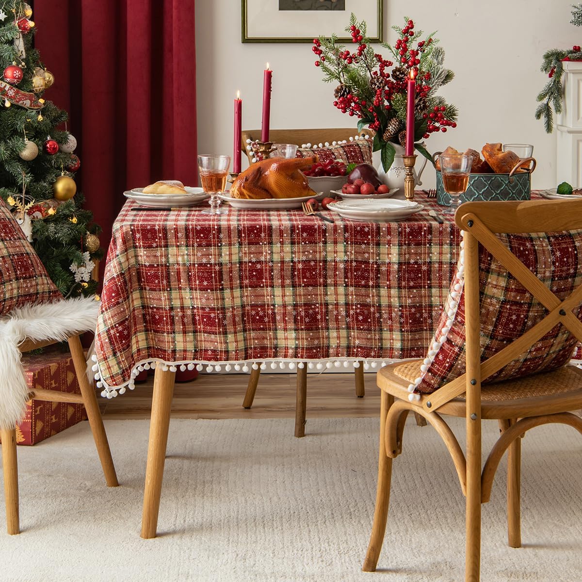 Christmas Tartan Red Plaid Snowflake Tablecloth, Washable Checkered Rectangle Fabric Table Cloths with Pompom, Holiday Table Decorations, 60"x84"
