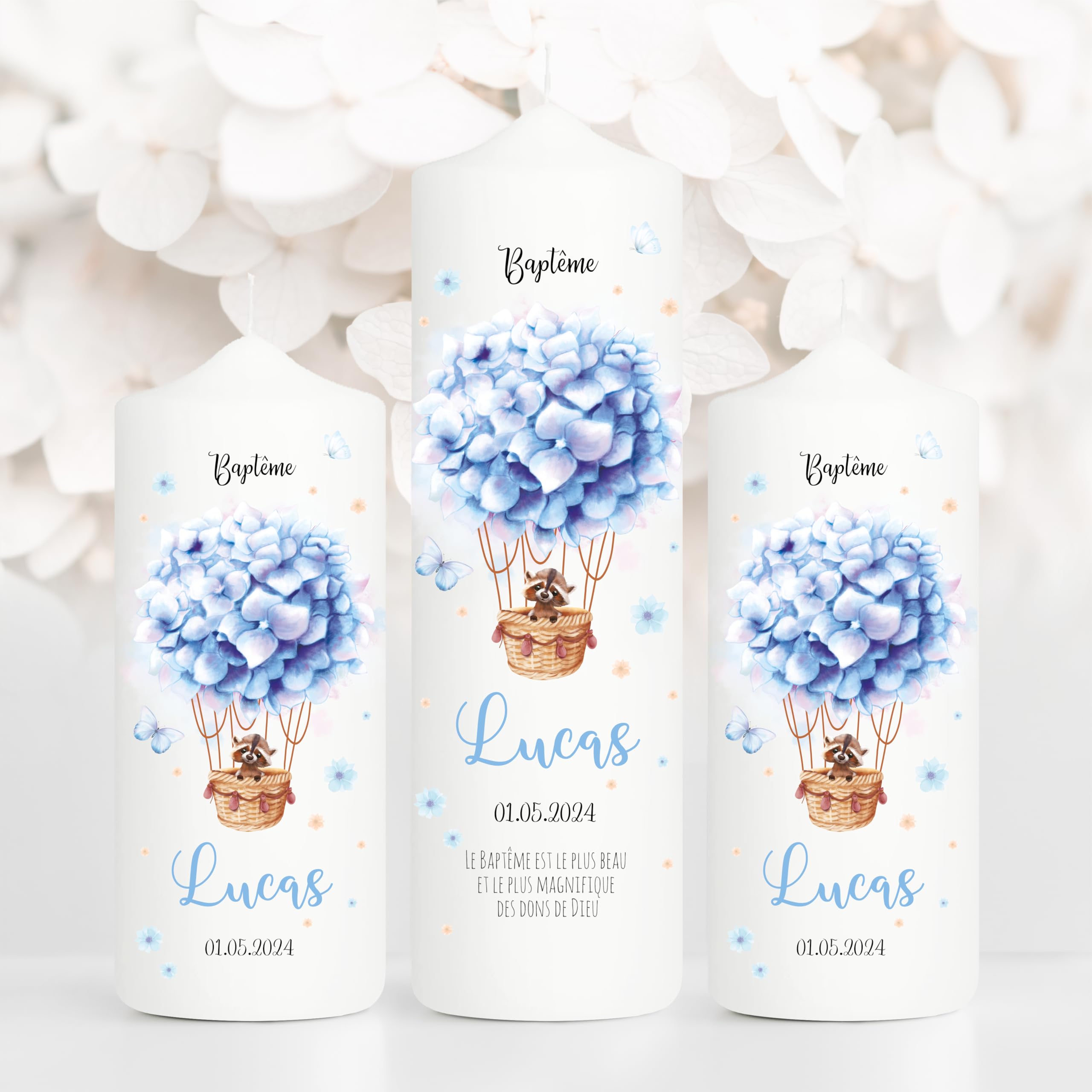 Bougie Baptême personnalisée Garçon motif Montgolfière florale bleue – Cierge Baptême avec prénom, date et message – Bougie imprimée – cierge personnalisé – 25 x 7 cm