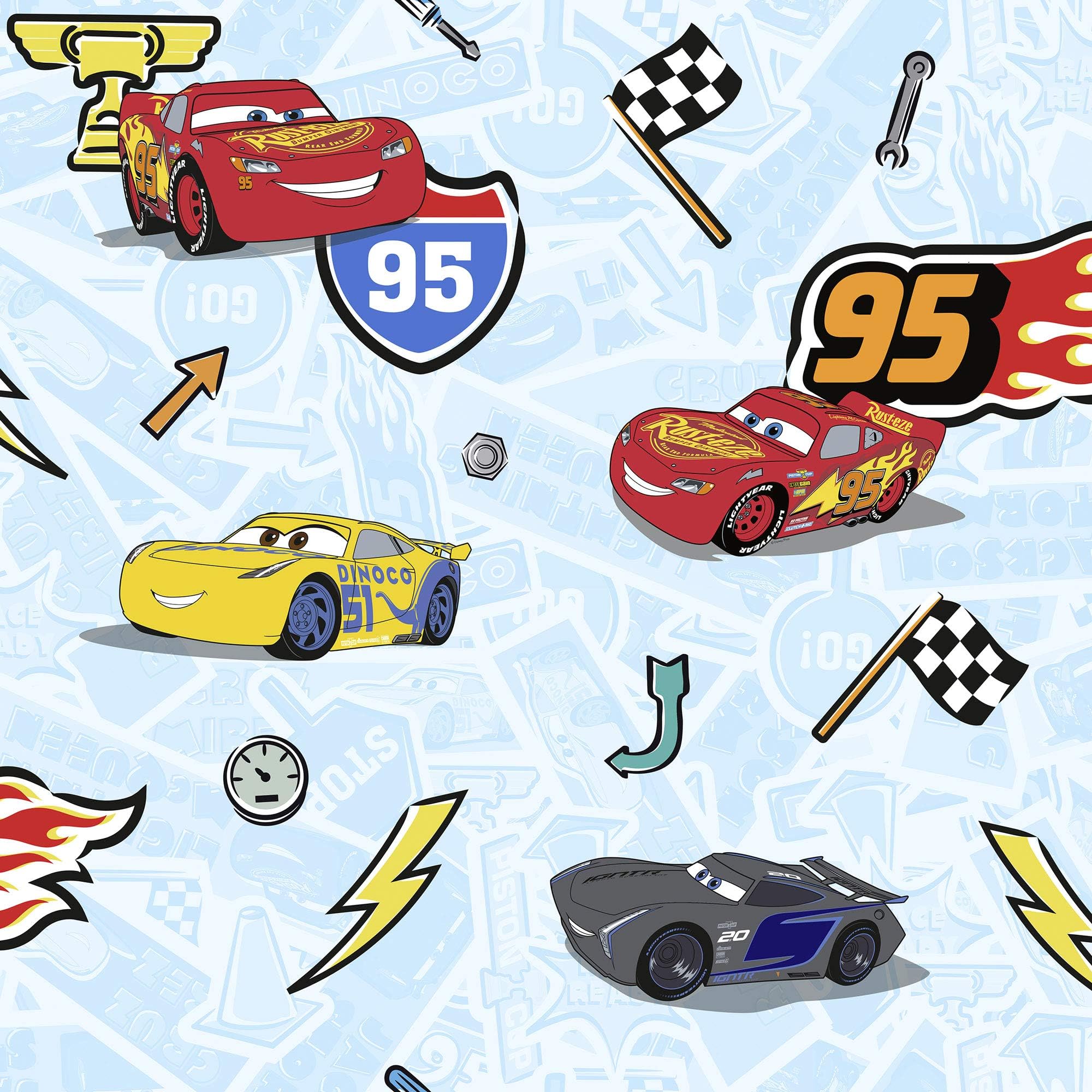 Komar TD5-0003 Disney Cars Lets Race-1 Non-Woven Wallpaper Roll Size 10.05 x 0.53 m Children's Room Lightning Car Racing Car Multi-Coloured