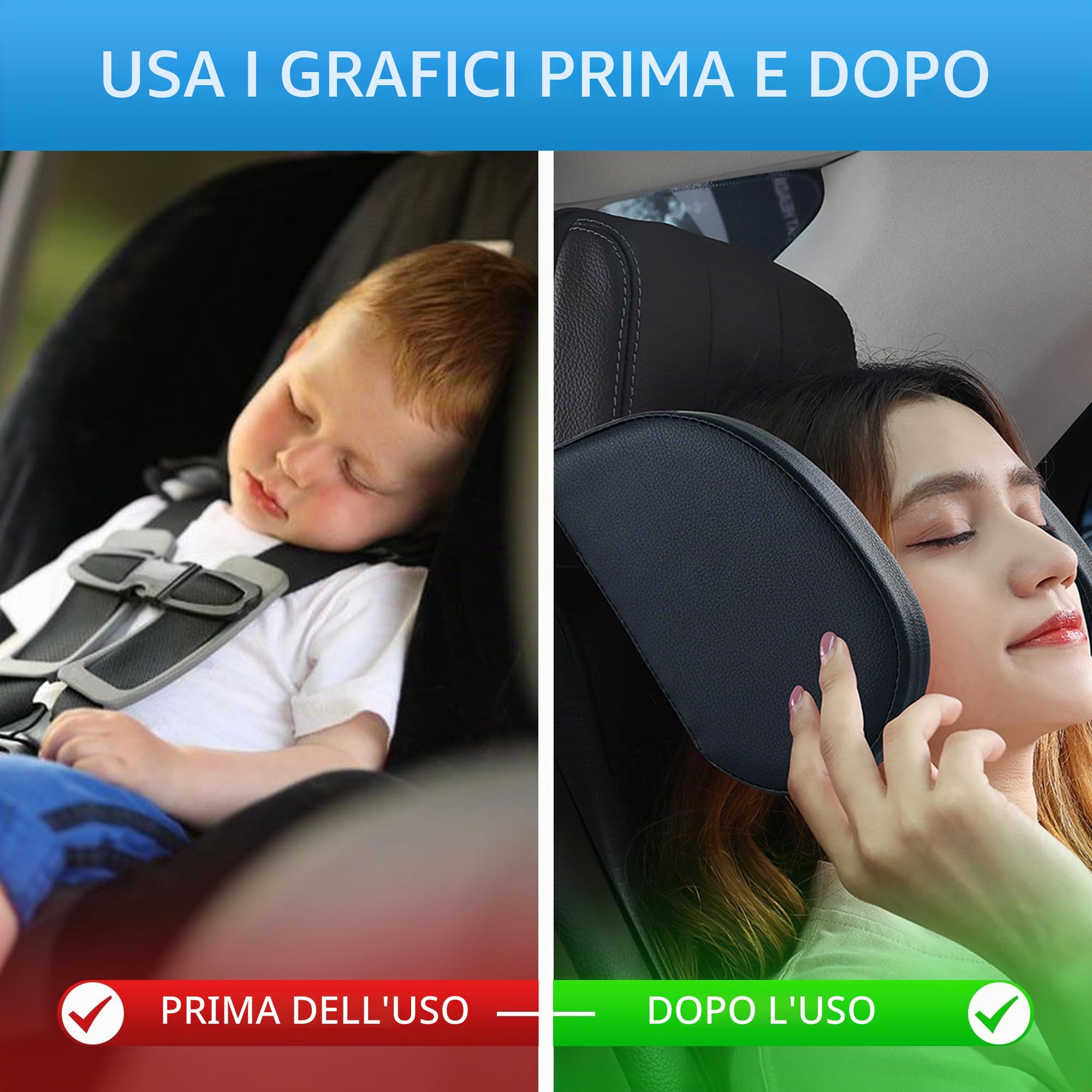 Confezione da 2 poggiatesta per auto per bambini, in pelle traspirante, regolabile a 180 gradi, per il collo, per bambini, adatti per adulti e bambini, per dormire in viaggio (confezione da 2 pezzi)