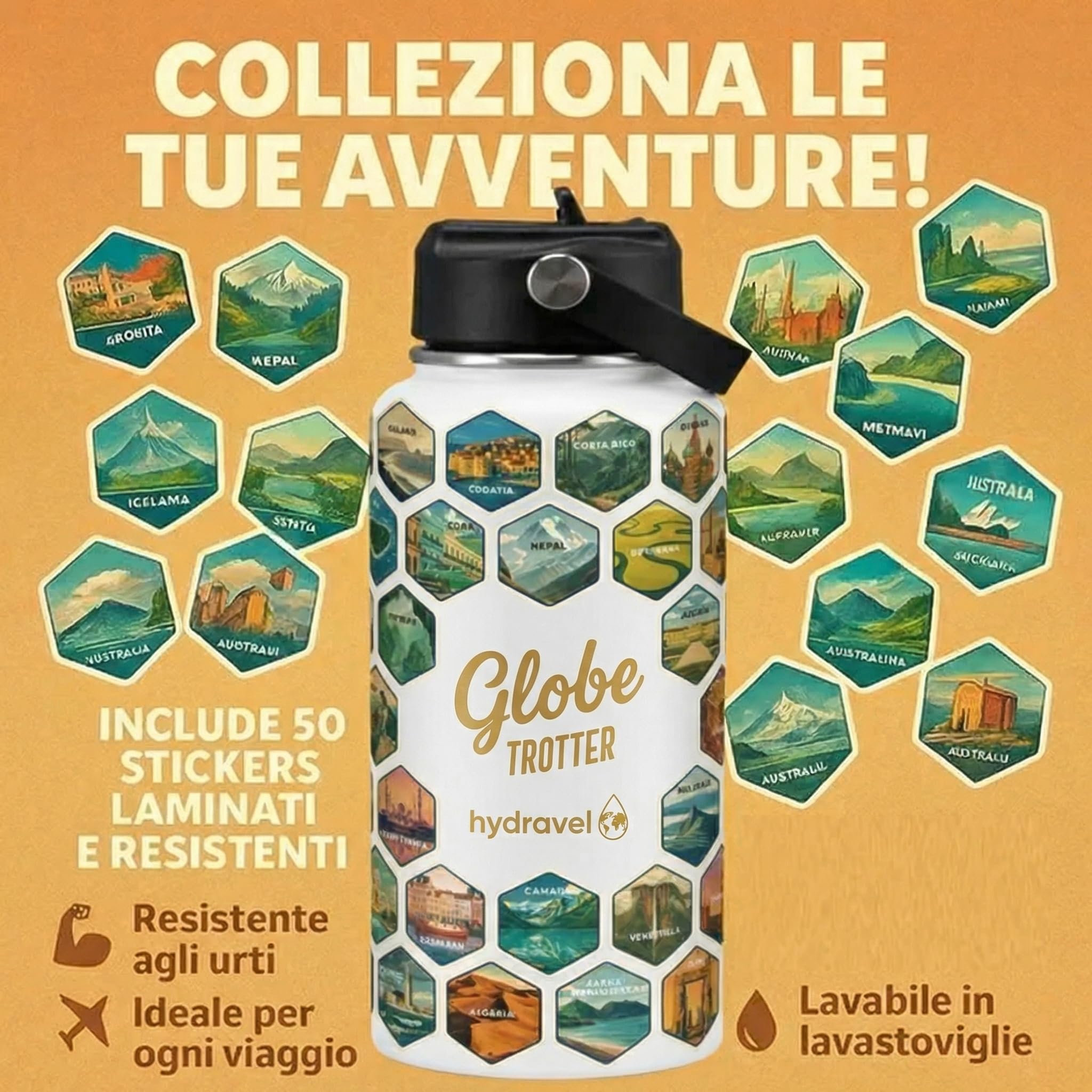 Borraccia Termica GLOBE TROTTER con 50 Adesivi dei Posti più BELLI del Mondo - Ottima Idea Regalo per Viaggiatori - 1 LT, Acciaio Inox, bevande Calde per 12h/Fredde 24h (Bianco) - 3