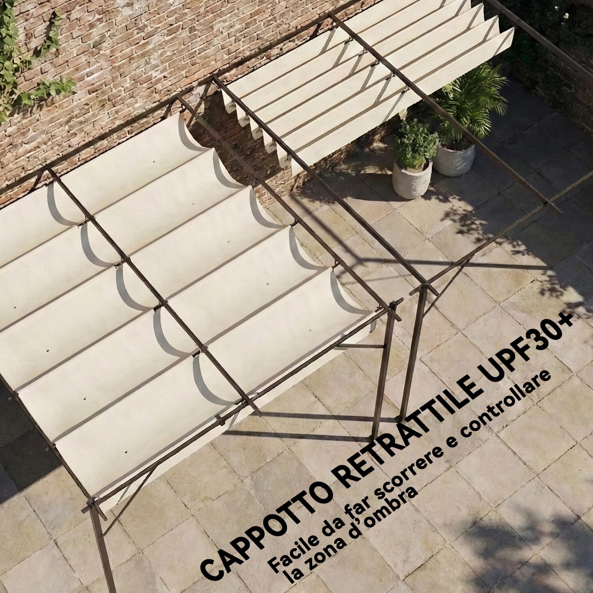 Outsunny Gazebo Pergola Addossata 3x3 m Tetto Retrattile Scorrevole Fori Drenaggio Pergolato Giardino Poliestere Acciaio Patio Terrazzo Esterno UV30+ Bianco Crema