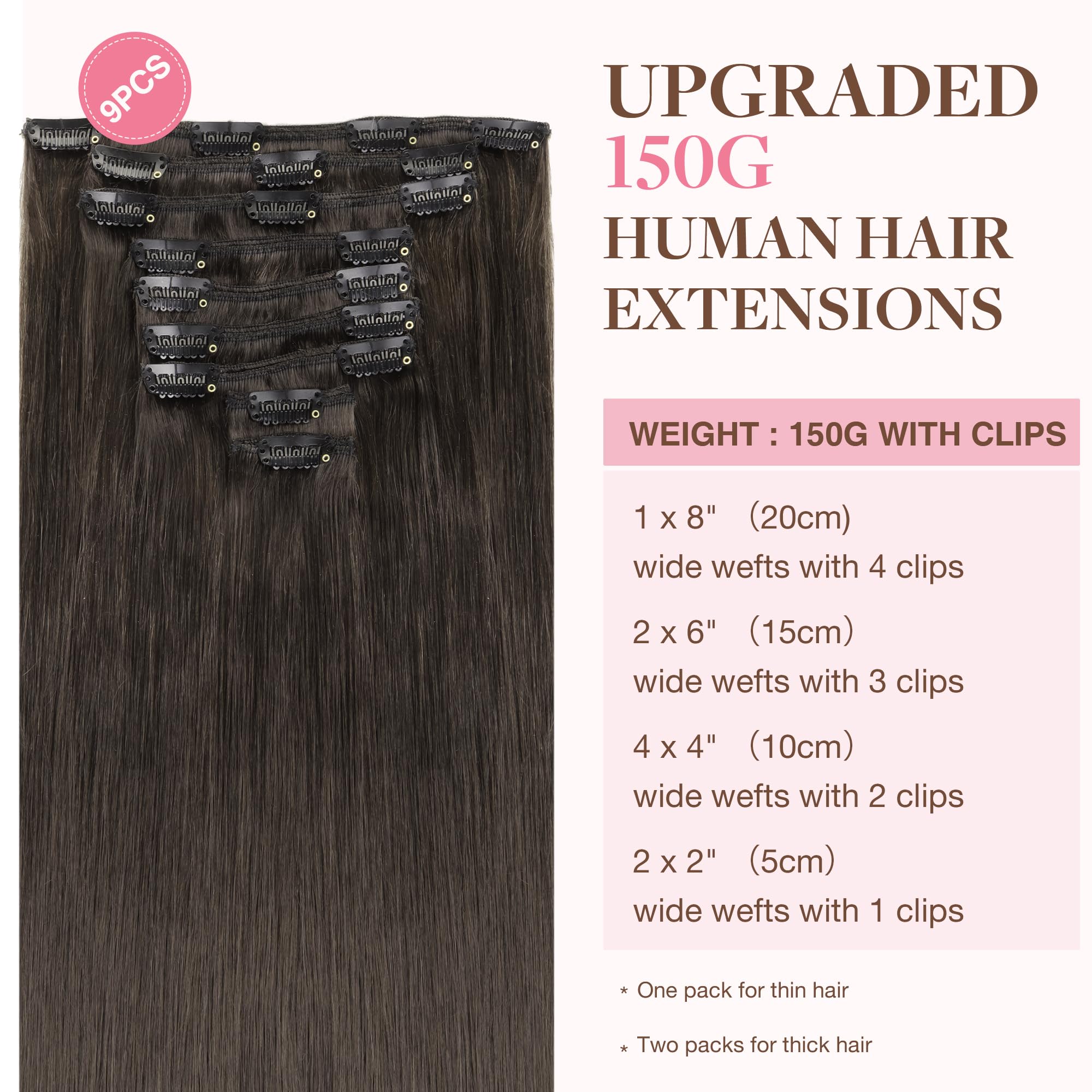 GOO GOO Clip in Hair Extensions Human Hair, 18inch 150g 9Pcs, #2 Dark Brown, Hair extensions for women, Human Hair Extensions Clip in — view 342
