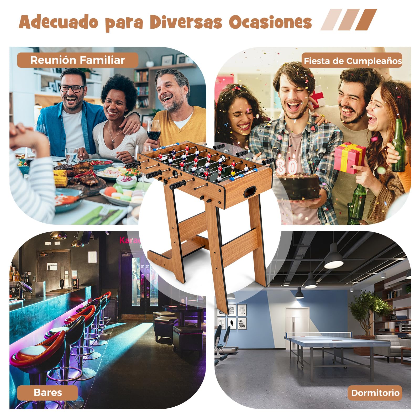 RELAX4LIFE Futbolín Plegable de Madera con Patas, 6 Asas, 18 Jugadores, 2 Balones y 2 Marcadores, Futbolín para Niños y Adultos, Juegos de Mesa para Dormitorio, Bar, Salón, Fiestas, 36x69x71cm