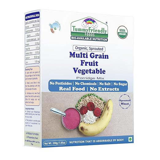TummyFriendly Foods Certified Organic Sprouted MultiGrain Fruit Vegetable Porridge Mix | No Sugar, No Salt, No Milk, No Pesticides | Shelf-life 8 month | 200g
