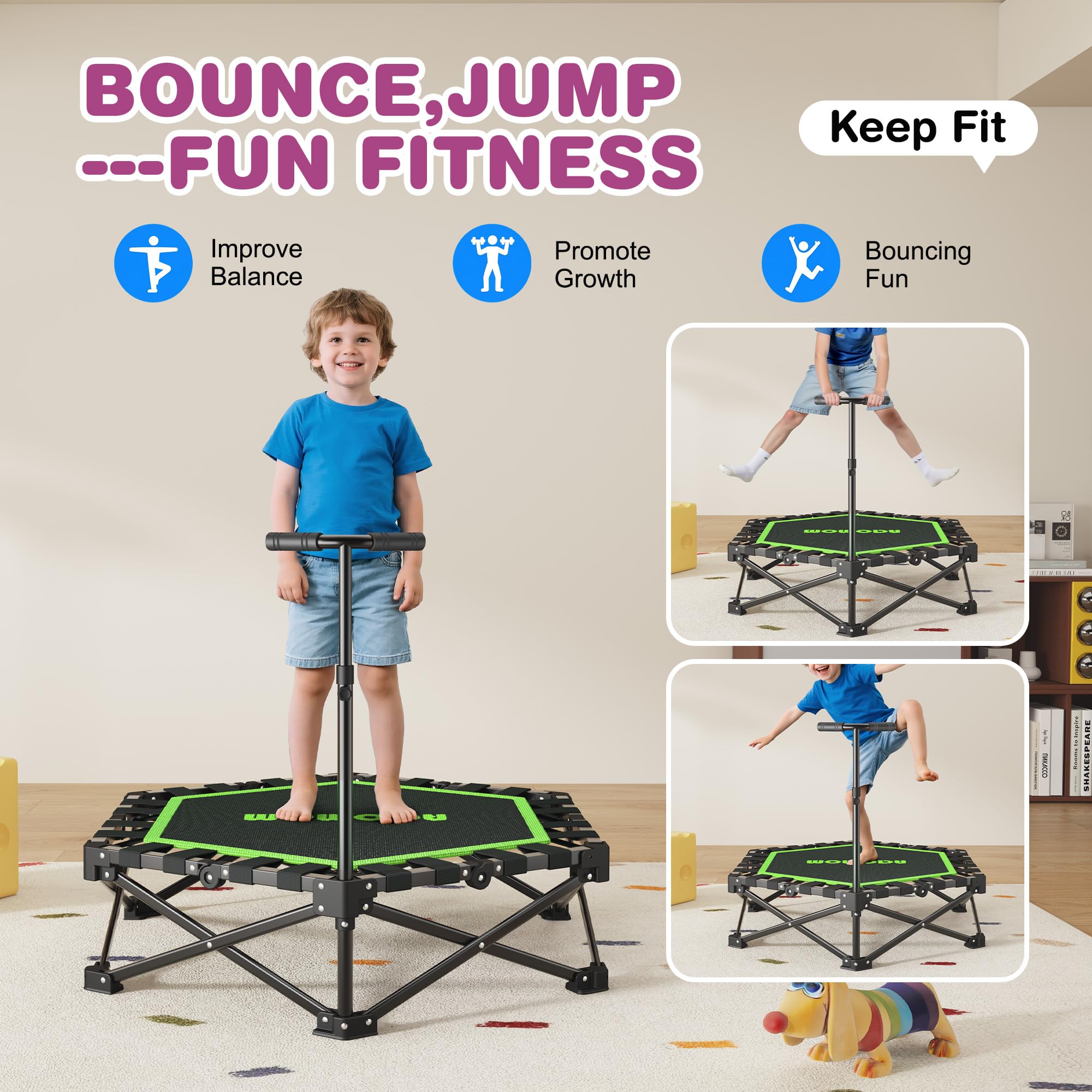 MOMODA Mini Trampolino da 76,2 cm/114,3 cm, per Bambini e Adulti, Trampolino Pieghevole con Manico, carico Massimo 90,7 kg