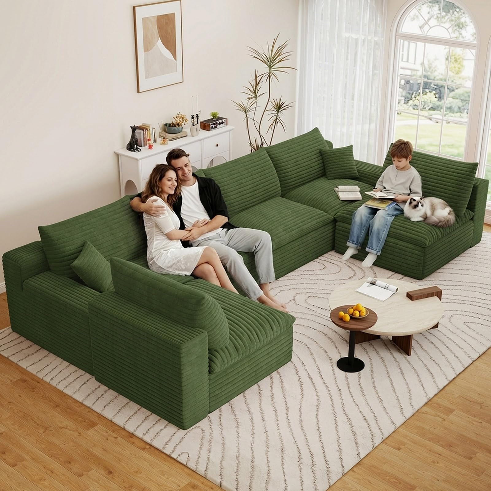 136" Cloud Couch Modular Sectional Sofa for Living Room, U-Shape Boneless Couch with Deep Seat, Modern Corduroy 6-Seater, No Assembly Required, Green