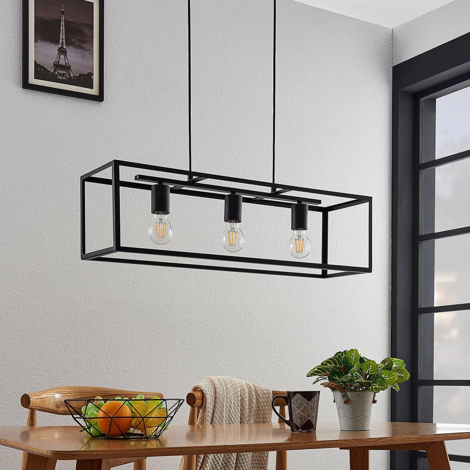 Lindby Lampadario a Sospensione Nero, Lampada Gabbia Nera Metallo Industrial Vintage Cucina Sala da Pranzo Ristorante 3 Luci E27 Plafoniera Led Soffitto Moderna Acciaio
