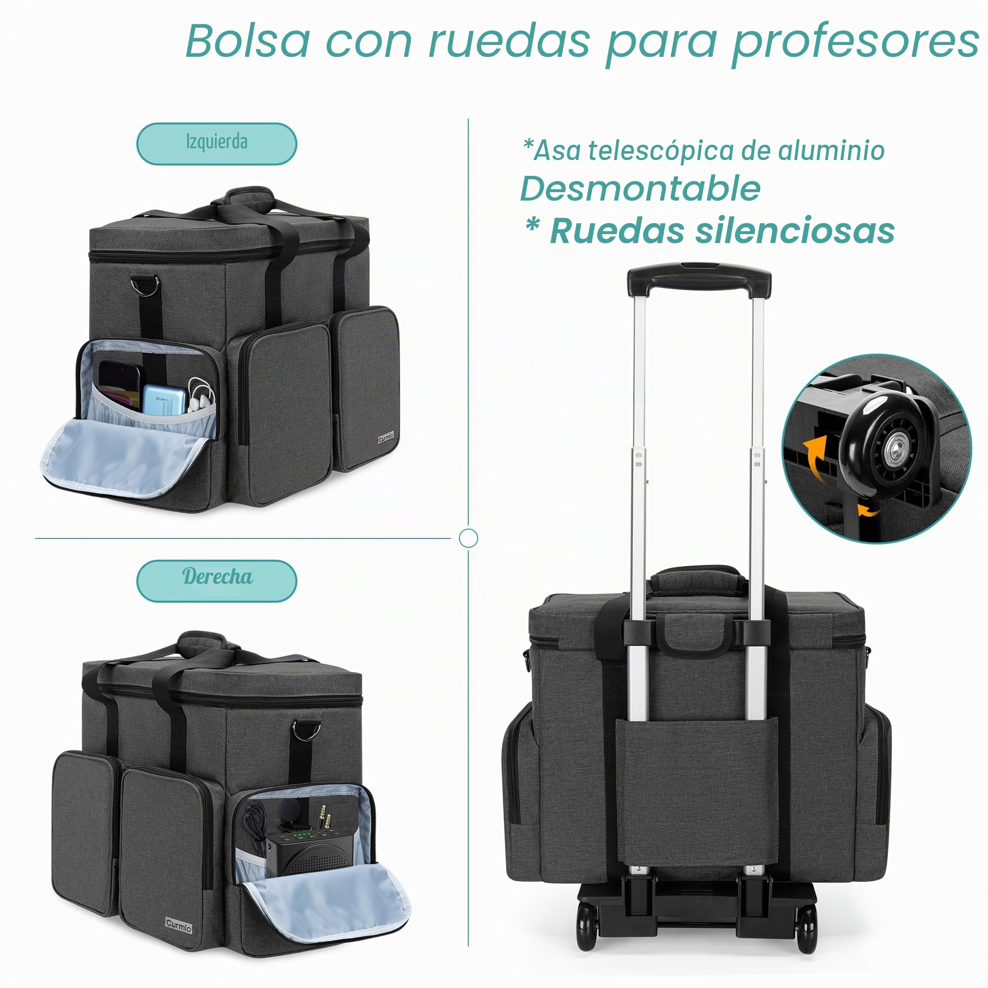 CURMIO Bolso para Maestra, Bolsa Trolley con Compartimento para Portátiles de hasta 15,6", Bolsa de Profesor con Ruedas para Material de Enseñanza, Oficina o Producto Artesanal, Negro