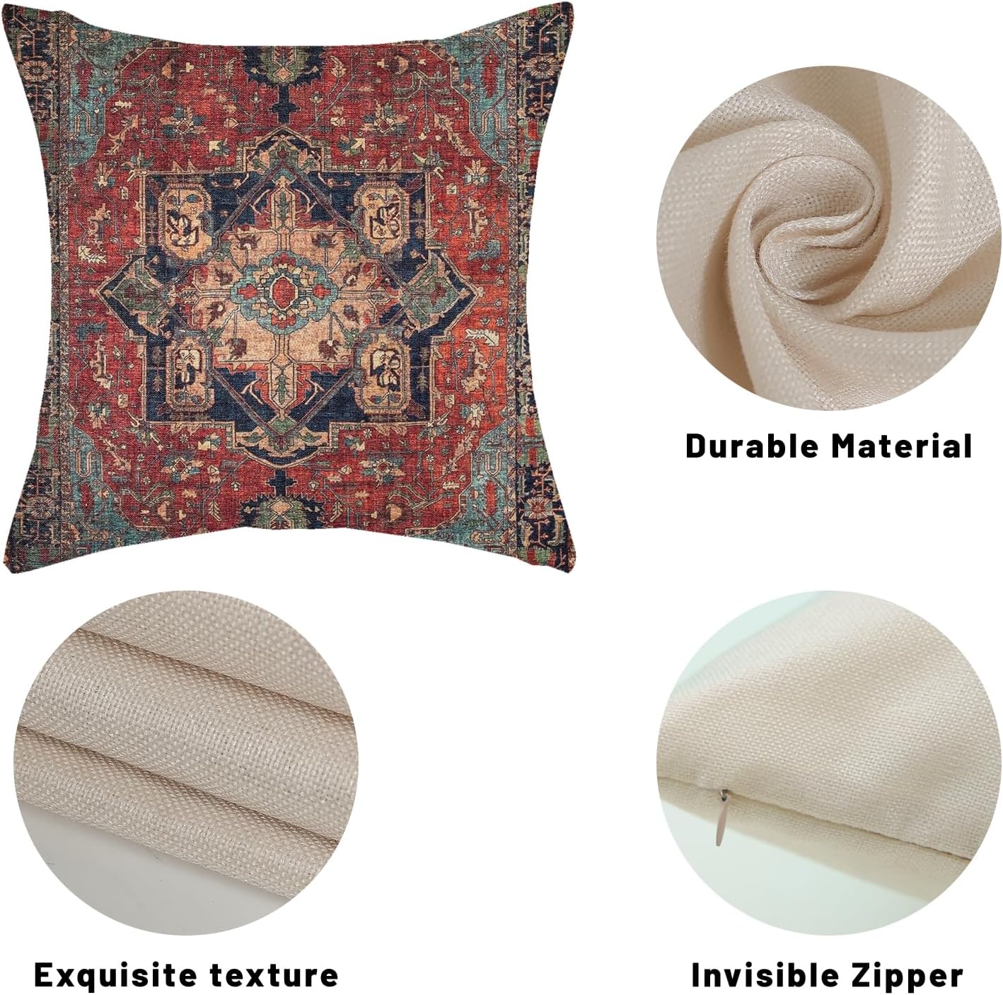 Boho Pillow Covers 18x18 Inch 2 Pcs Vintage Red Carpet Pattern Ethnic Decor Throw Pillows Blue Teal Retro Bohemian Outdoor Farmhouse Decoration Pillowcase Linen Cushion Cover for Couch Sofa Bed - Image 7