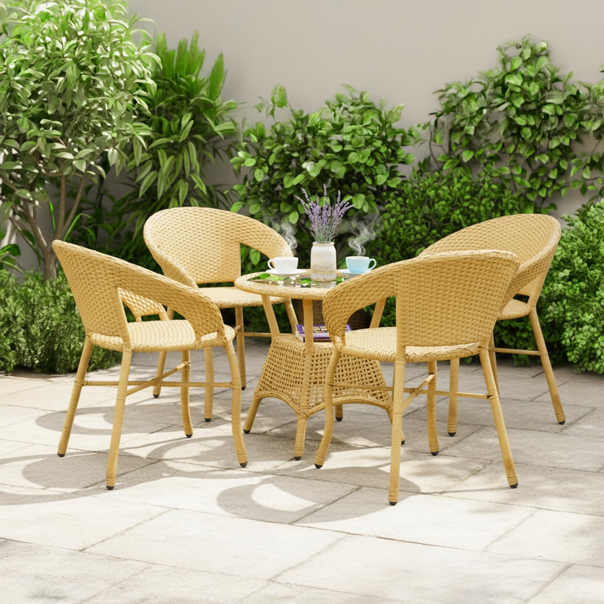 DEVOKO 5-Piece Outdoor Rattan Wicker Patio Bistro Set For Garden, Backyard, Balcony, Porch, Poolside Furniture With Beige All-Weather Wicker And Glass Top Table, (58 X 46 X 79Cm)