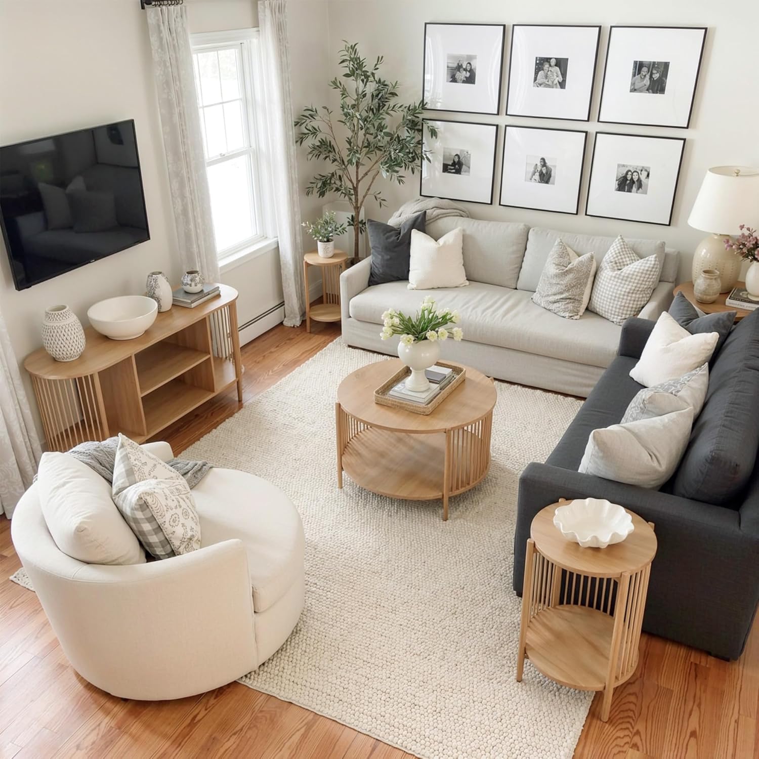 Brafab 4-Piece Living Room Table Set, 60" Boho TV Stand with Hand-Woven Ropes, Round Rattan Coffee Table & 2 Side Tables