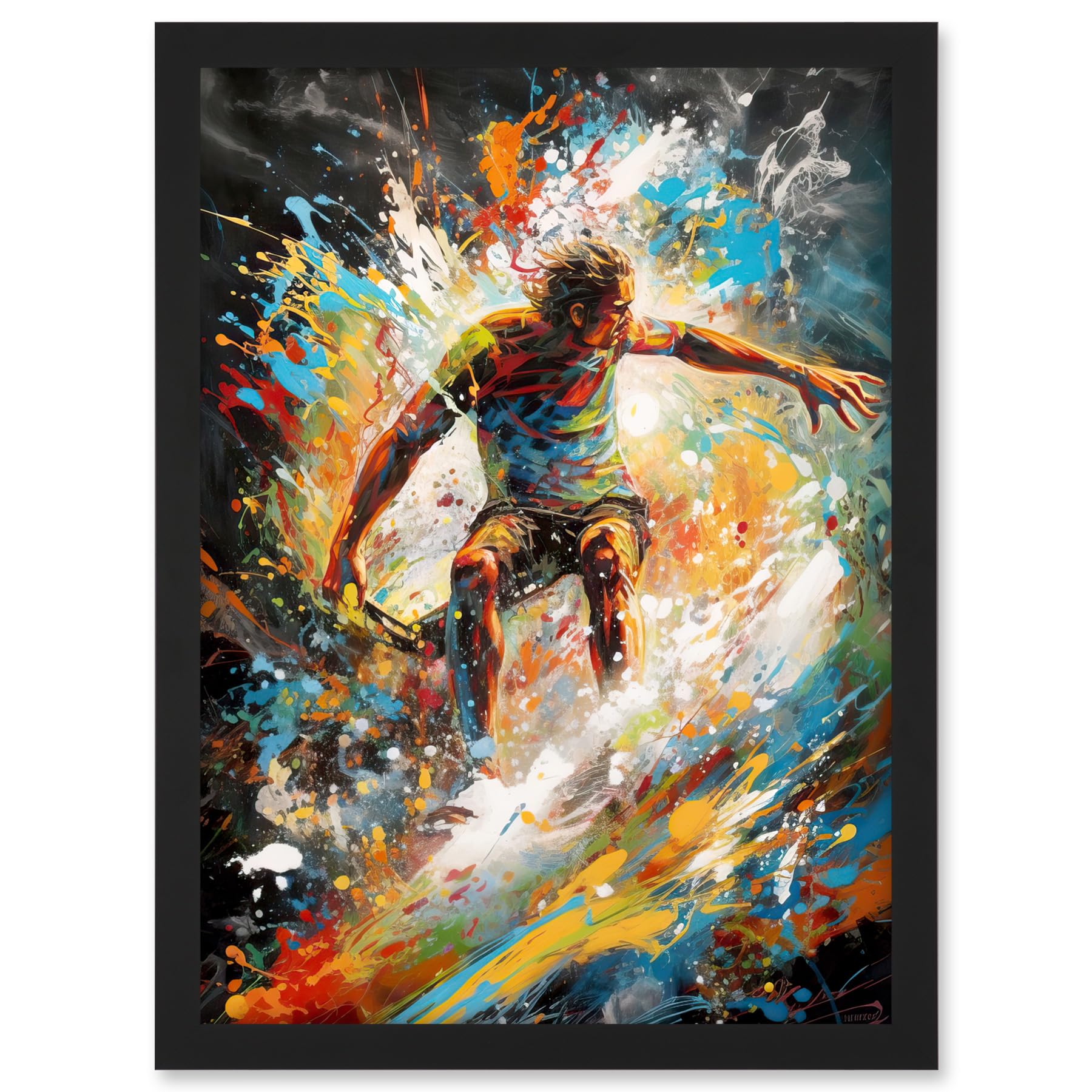 Artery8 Surfer Surfing on Crashing Waves Splatter Paint Artwork Framed A3 Wall Art Print