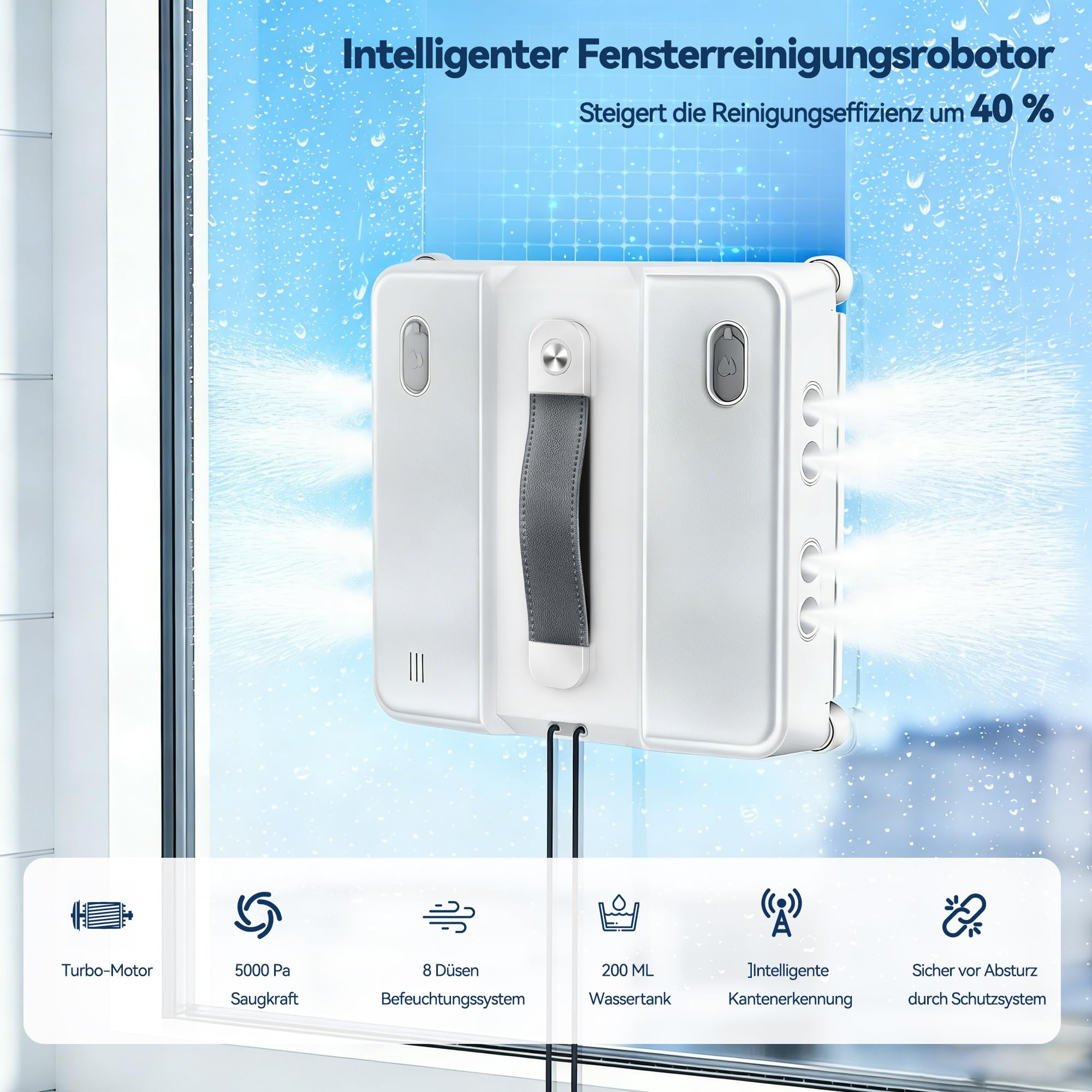 Fensterputzroboter mit 200ML Wassertank, Saugkraft 5000Pa, 8 Düsen Wassernebel, Leiser Betrieb, 3 Reinigungsmodi, Intelligente Wegplanung, Randerkennung, Inklusive 4 Reinigungstüchern