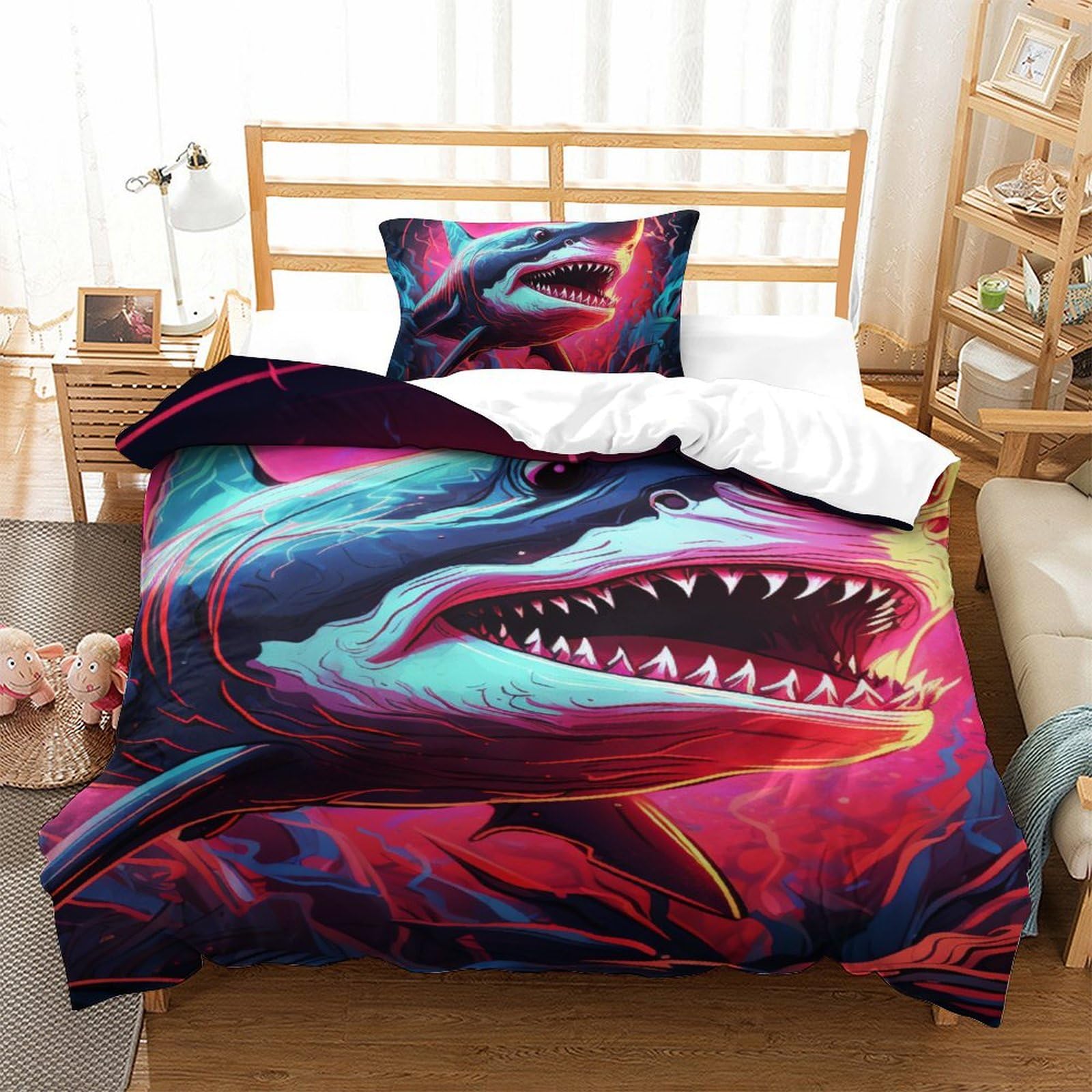 Housse couette antibactérienne requin impression 3D lit simple 2 pièces hypoallergénique