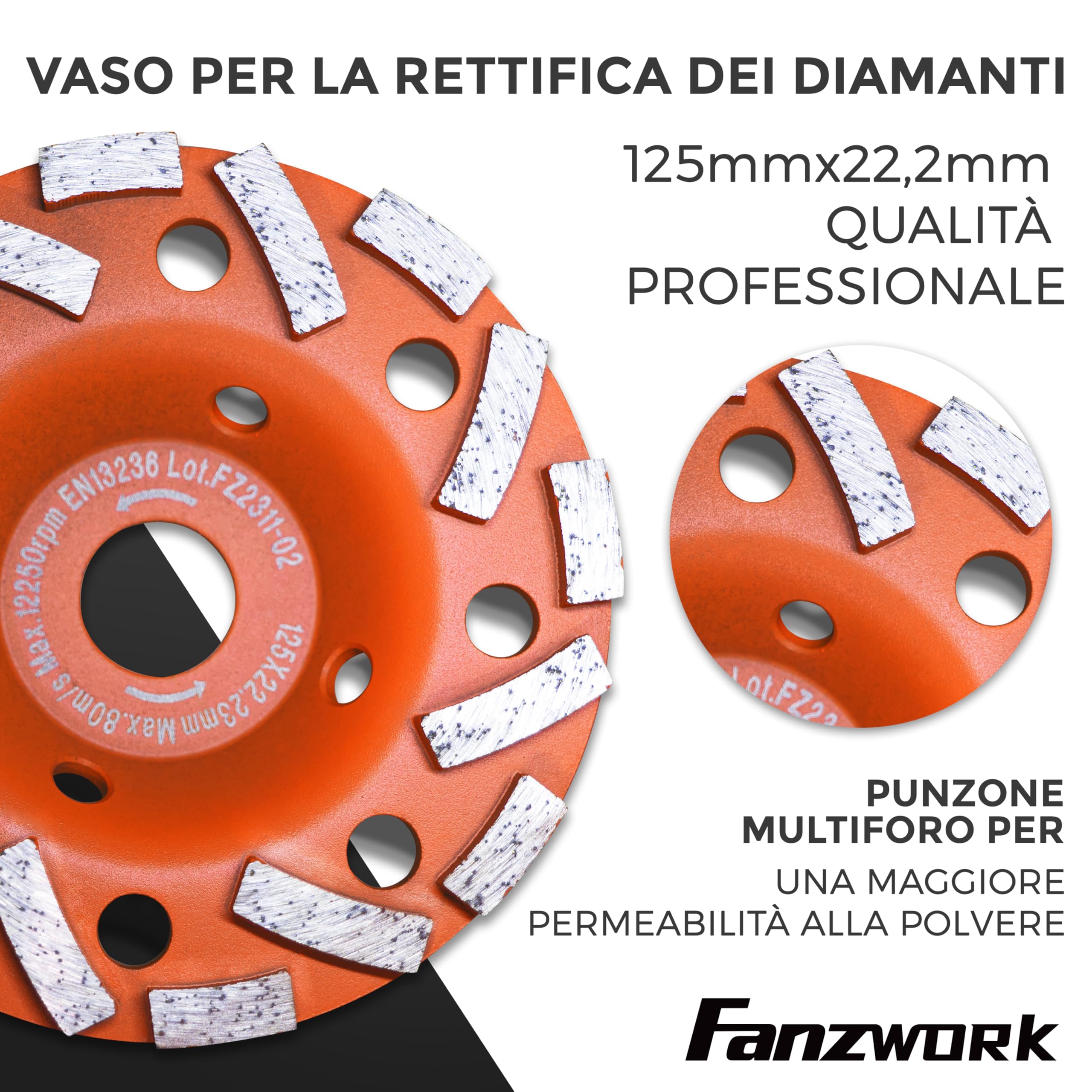 FANZWORK - Cappa di aspirazione per smerigliatrice angolare, con 2 dischi diamantati professionali da 125 mm, spazzole intercambiabili, compatibilità universale al 99%, anello adattatore rinforzato