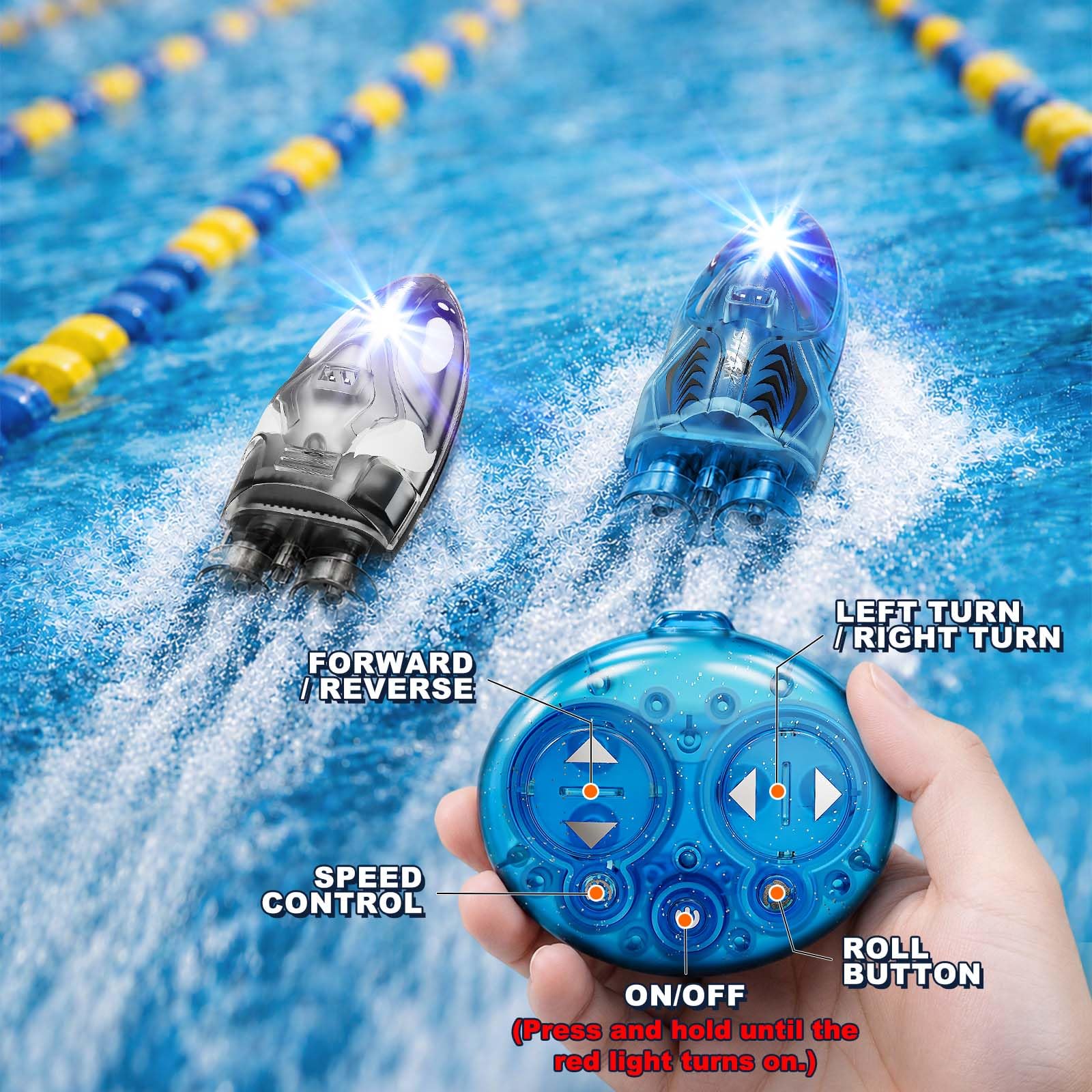 Mini Barco Teledirigido Pack de 2, Barco RC 2,4 GHz con Luces LED de Colores, Juego con Pelota de Espuma, Giro 360° y 2 Velocidades, con Piscina Hinchable, para Bañera y Piscina, Regalo para Niños