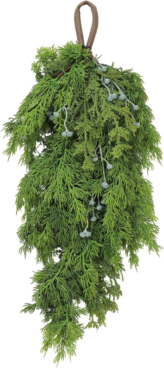 27” Christmas Teardrop Swag Cedar Cypress Pine Swag with Blue Berry for Front Door Wall Mantle Window Stairs Corridor Indoor Outdoor Christmas Xmas Decorations