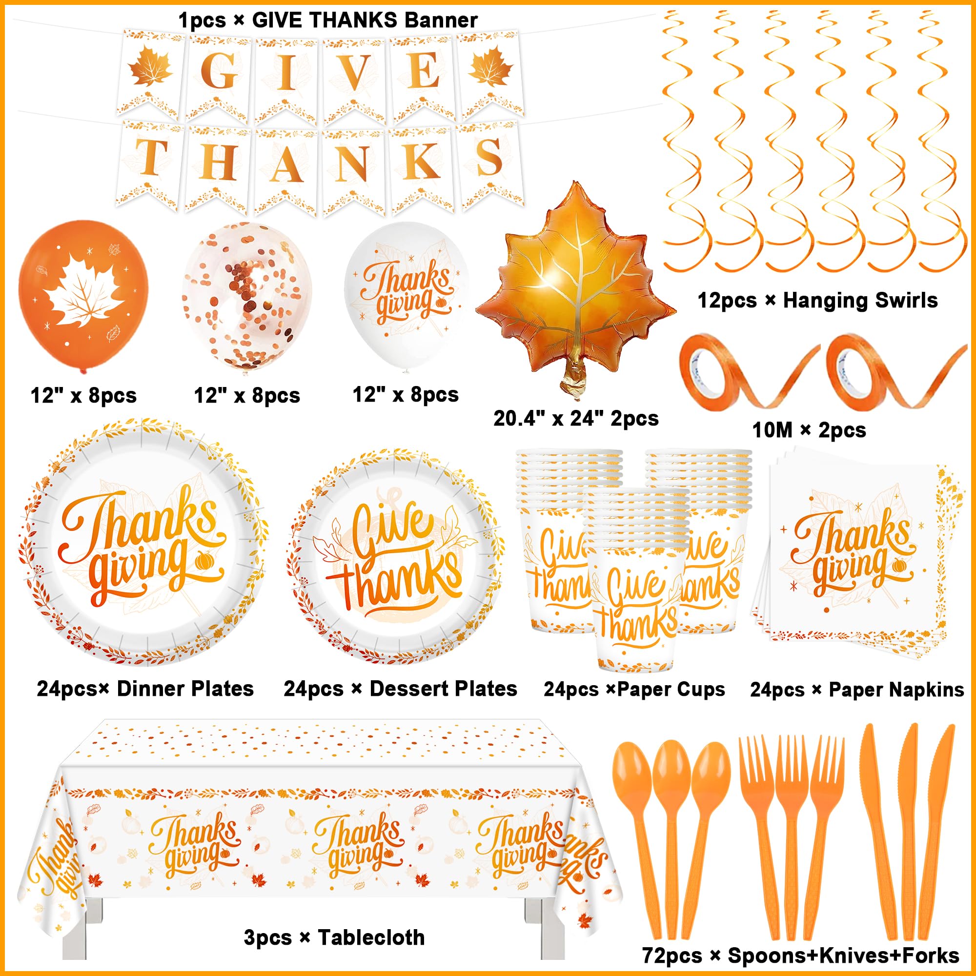 202Pcs Thanksgiving Disposable Tableware Set Orange Party Decorations Serve 24 Paper Plates Napkins Cups Maple Leaf Balloons Banners Plastic Tablecloths dinnerware for Fall Thanksgiving Party Supplies