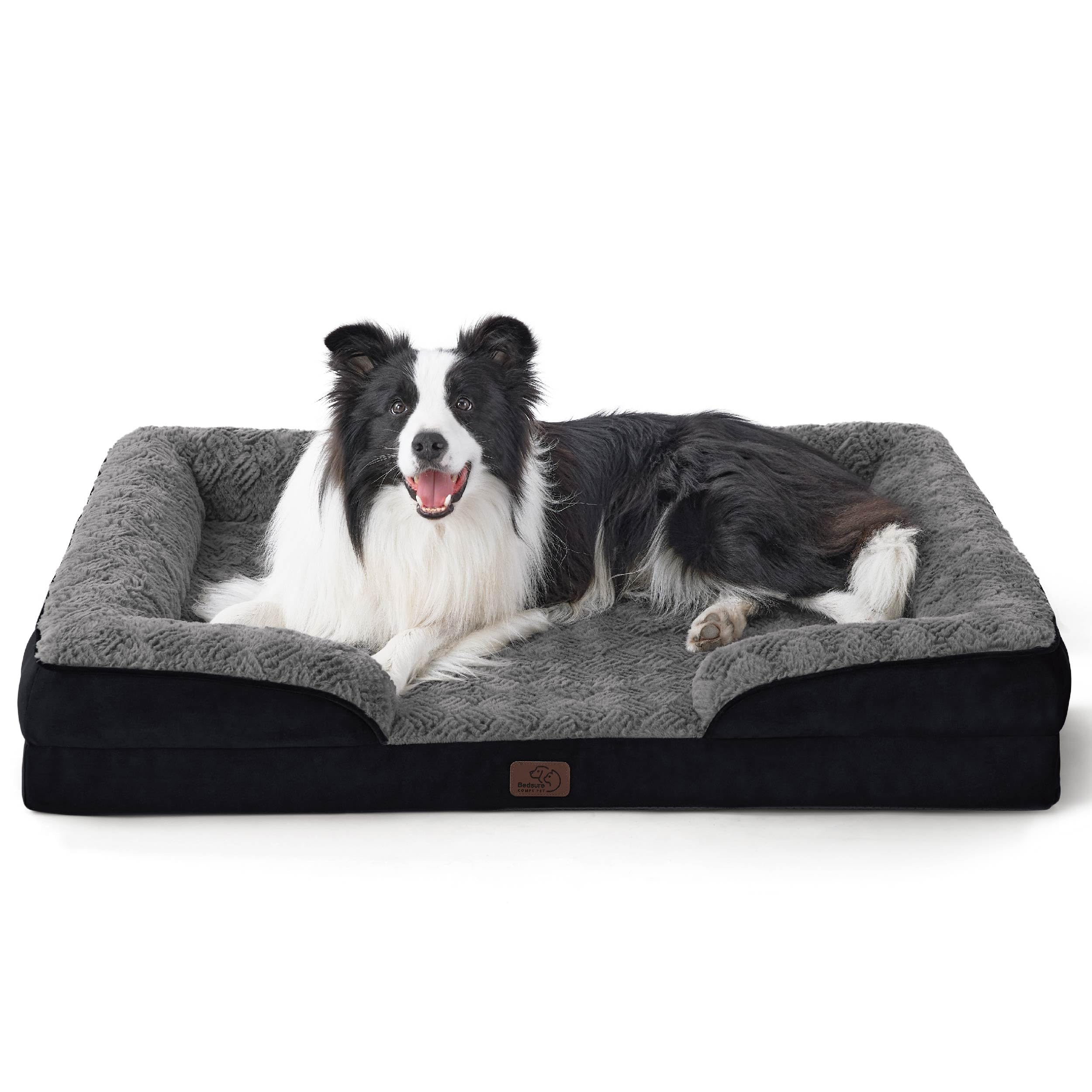 Bedsure Orthopedic Dog Bed for Large Dogs - Calming Dog Sofa Beds Large with Luxurious Short Plush, Big Pet Couch Bed with Removable Washable Cover, Waterproof Lining and Nonskid Bottom, Black