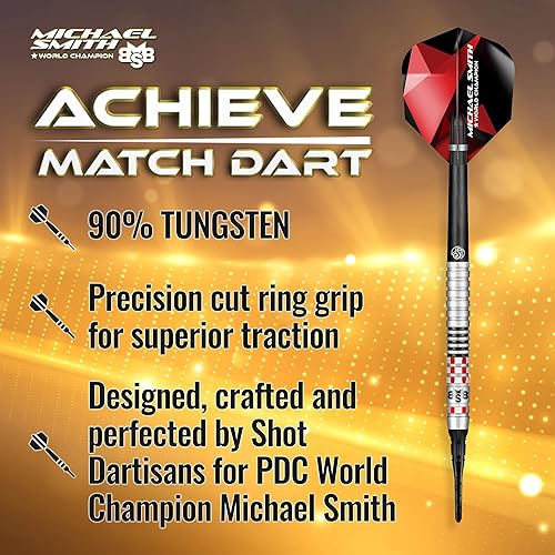 Miniatura 2 de Shot! Michael Smith Achieve (0.63 oz0.71 oz), 90% barril de tungsteno, peso central, juego de dardos profesionales hechos a mano y vuelos hechos en