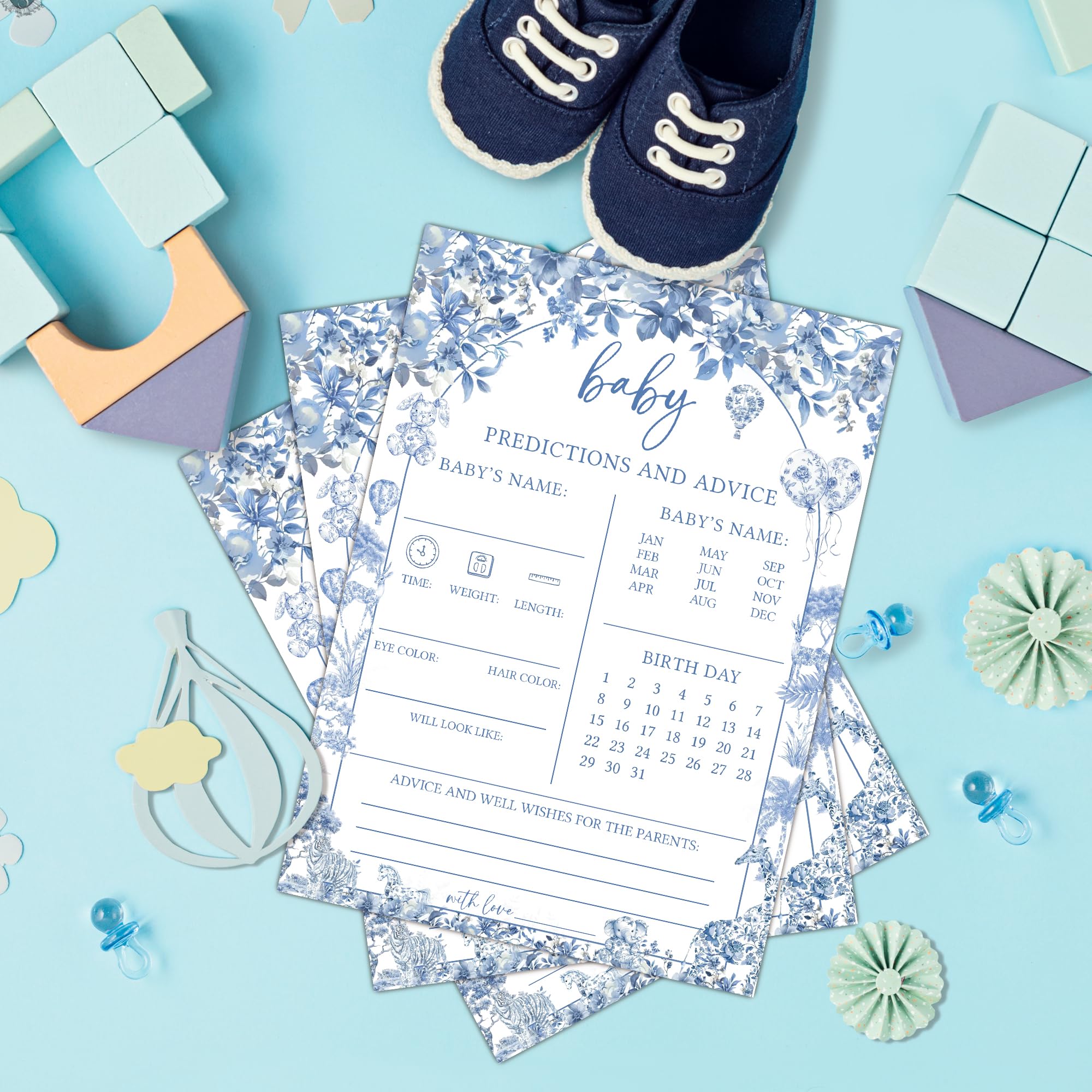Karty z prognozami i poradami dla niemowląt na baby shower, 25 niebieskich płóciennych kart z poradami i pozdrowieniami dla nowych rodziców, zabawne gry ujawniające płeć dla chłopca lub dziewczynki