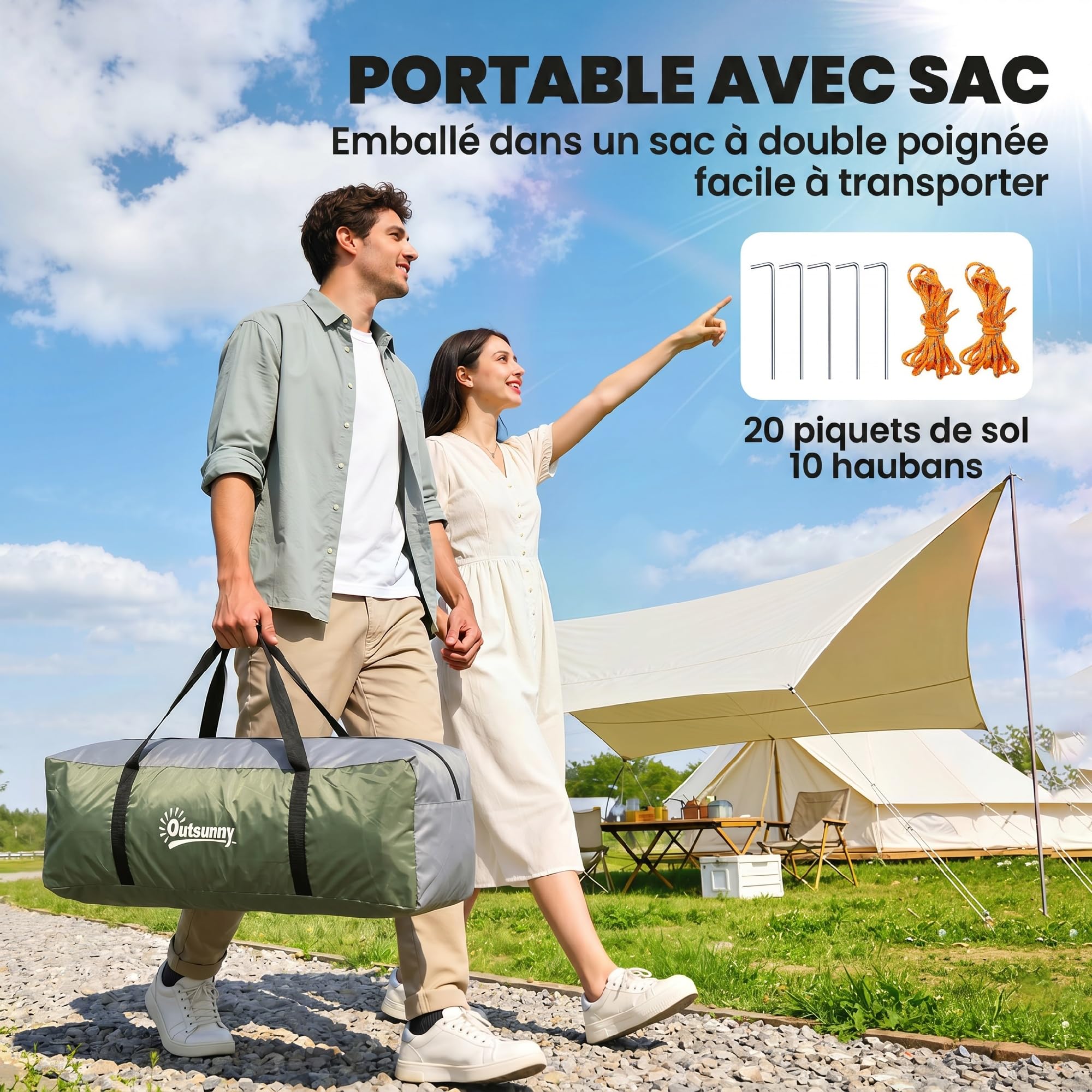 Outsunny Tenda da campeggio per famiglie per 2 persone, tenda a tunnel ventilata, facile da montare, camera da letto, soggiorno, 3 porte, finestre, 4,26 x 2,06 x 1,54 m, fibra di vetro poliestere PE