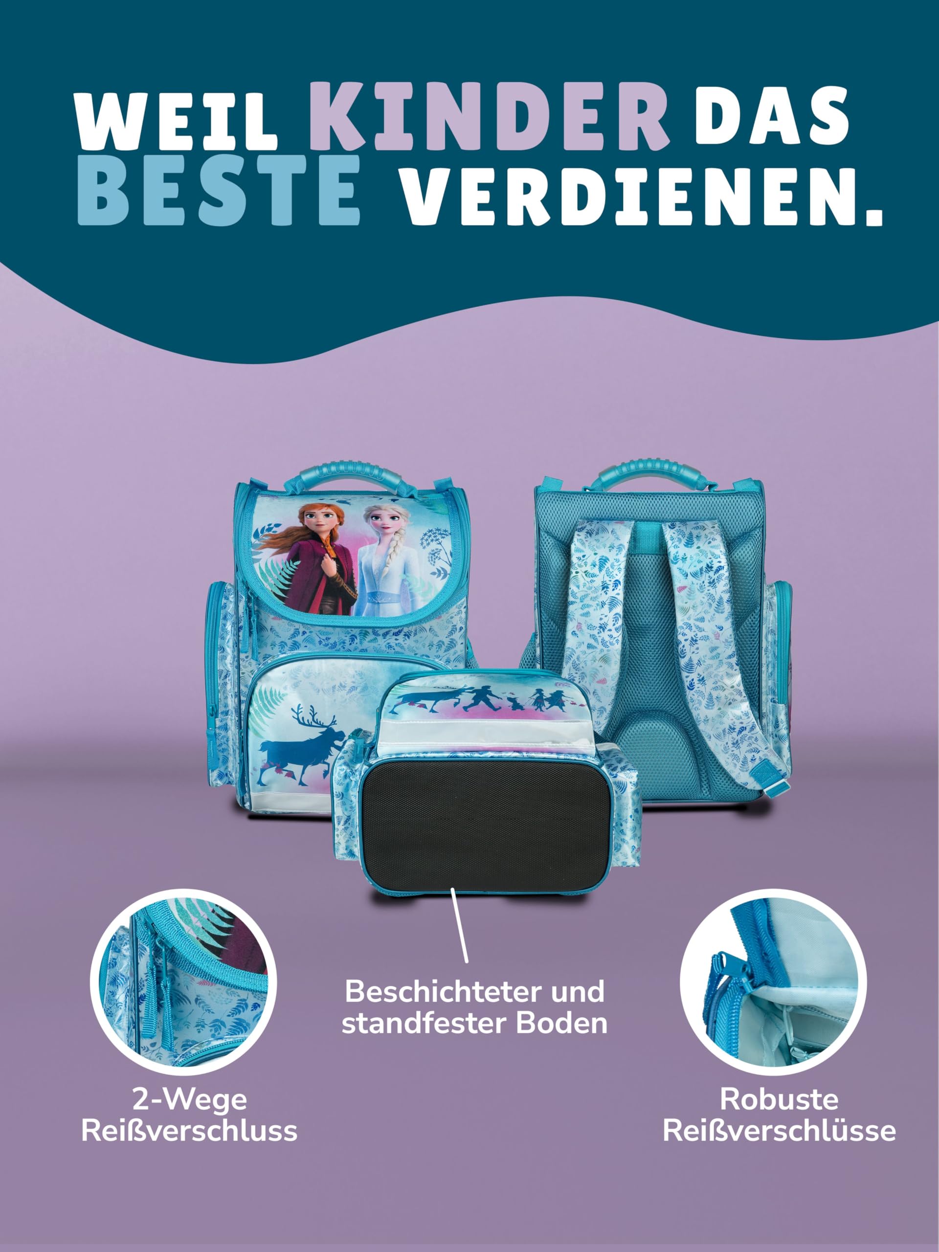 Familando - Schulranzen Set CLOU - 9-teilig mit Sporttasche - Disney Eiskönigin (Frozen) - Ergonomisch, Stabil & mit gepolstertem Rücken - 930g leicht - 15L Volumen - Mit Reflektoren - ab 1. Klasse