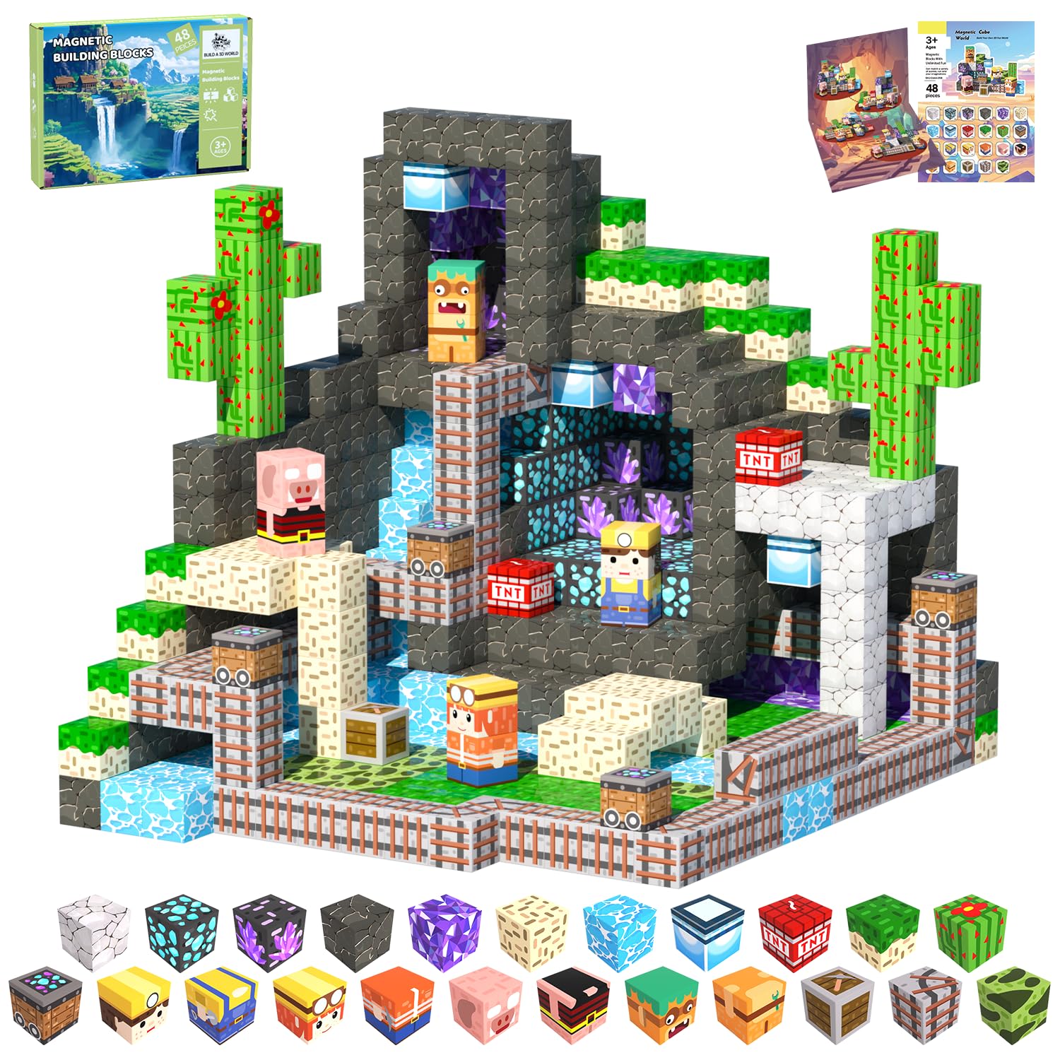 SSAWER Magnetic Blocks for Kids Age 3+, 48PCS (Mineral Exploration)