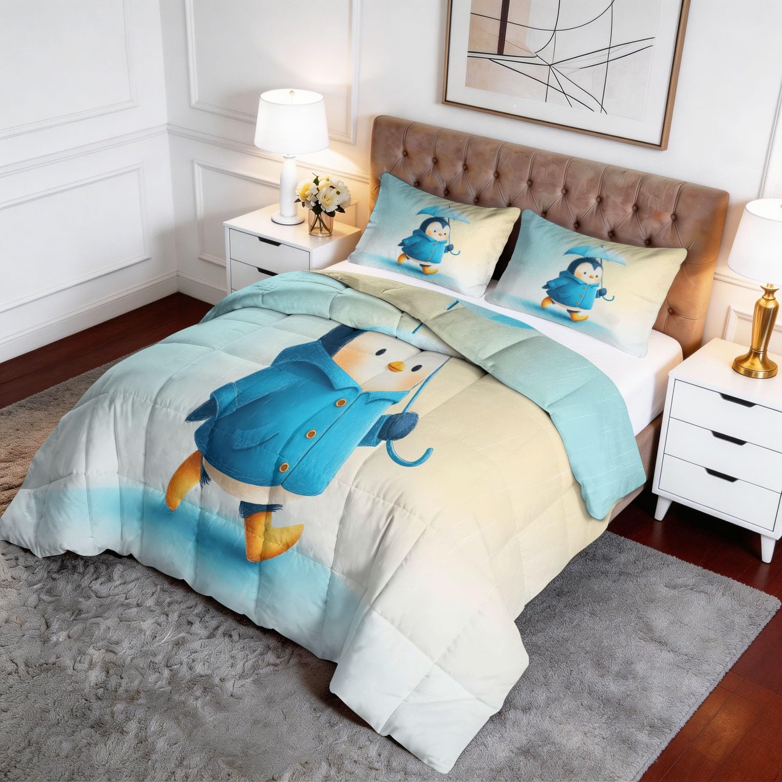Pinguin Mit Regenmantel Und Regenschirm Bettdecke 155 x 220 cm 4 Jahreszeiten Steppdecke, Lustiger Cartoon Ganzjahresdecke Kleinkinder Bettwaren Set Babyzimmer Kinderzimmer Bettdecke Ohne Bezug