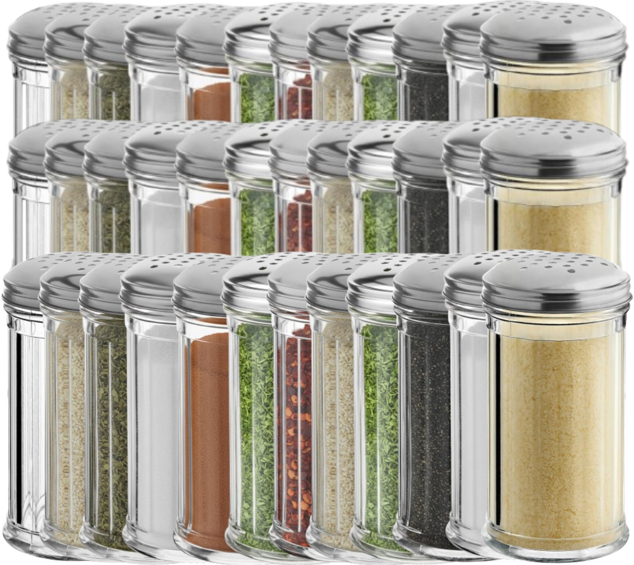 Juego de 36 cocteleras de plástico para queso parmesano de 12 onzas, con tapa de acero inoxidable con agujeros medianos, dispensador de azúcar y especias de plástico transparente (360 ml)