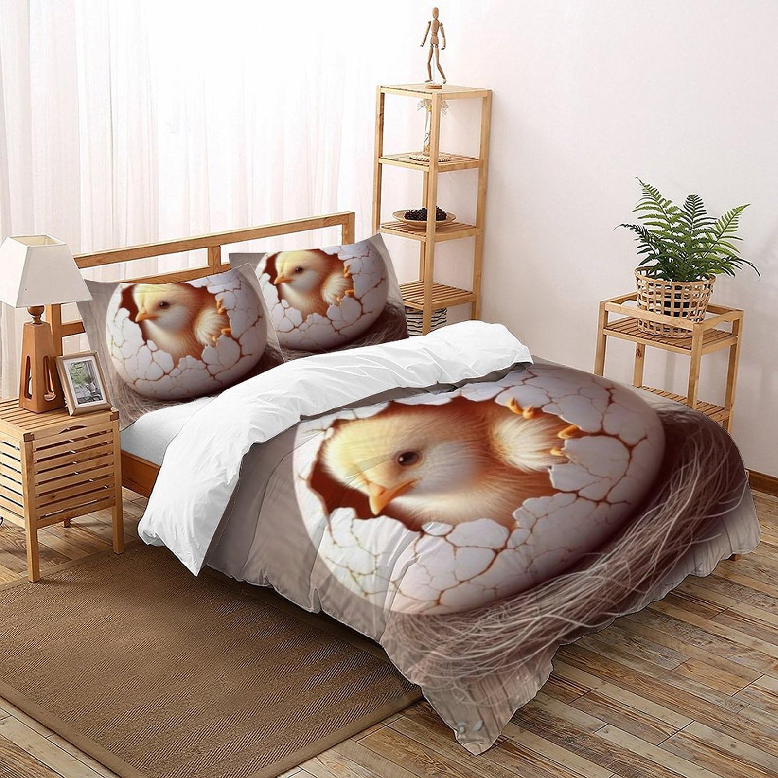 Housse de couette double 200x200 anti-plis pour lit enfant motif poussin 3D