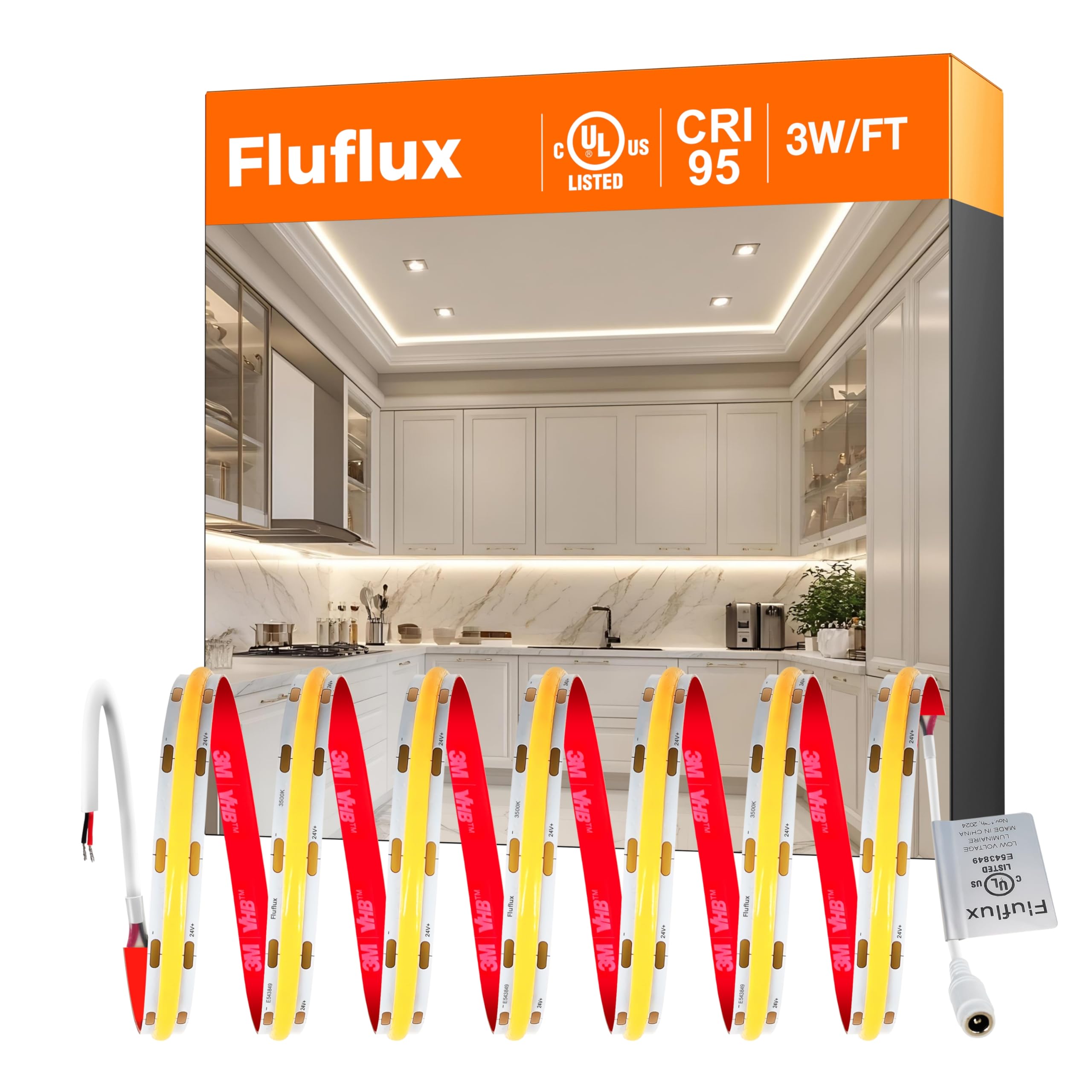 FluFlux 3500K COB LED Strip Lights, Premium Tape Light with Strong 3M VHB Tape, CRI 95, UL Listed, Cuttable, Dimmable, Flexible, 24V DC for Retail Stores, Displays, Windows (Power Supply Not Included)