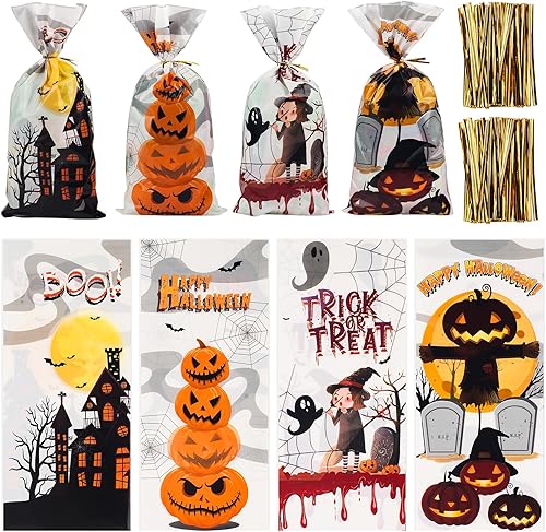200 bolsas de celofán de Halloween, bolsas de golosinas de Halloween con lazos giratorios, bolsas de dulces de Halloween para niños, recuerdos de