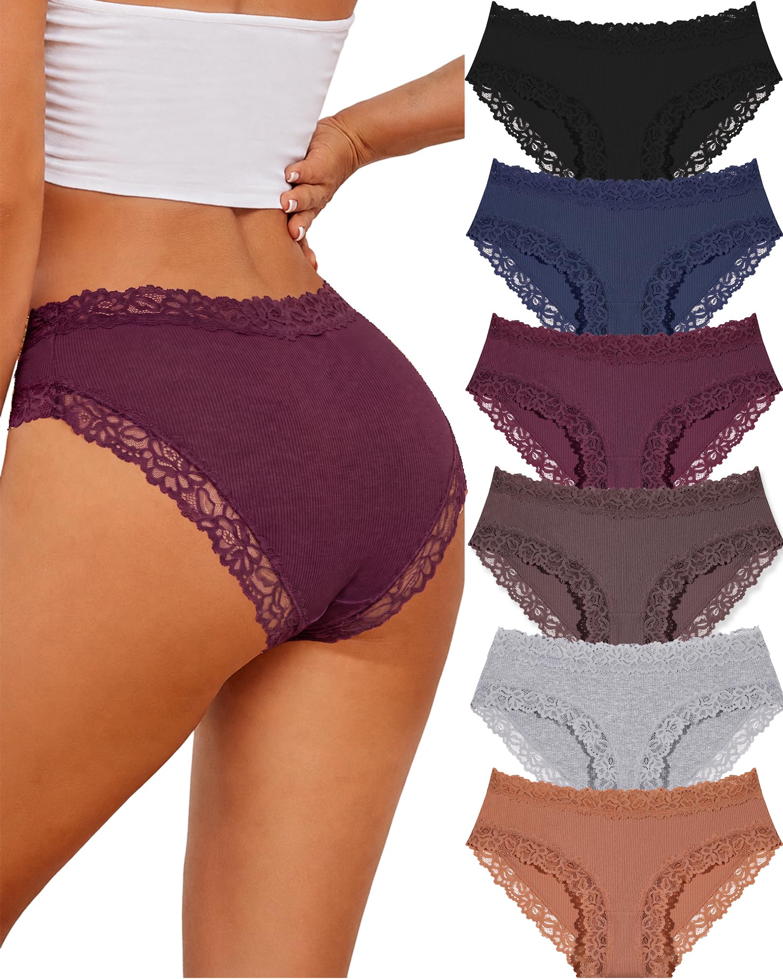 ALL OF SHE 6 Pezzi di Biancheria Intima da Donna in Cotone Brasiliano, Slip in Pizzo Morbido Hipster Sexy Panties Mutande da Donna morbide, Taglie Confezione