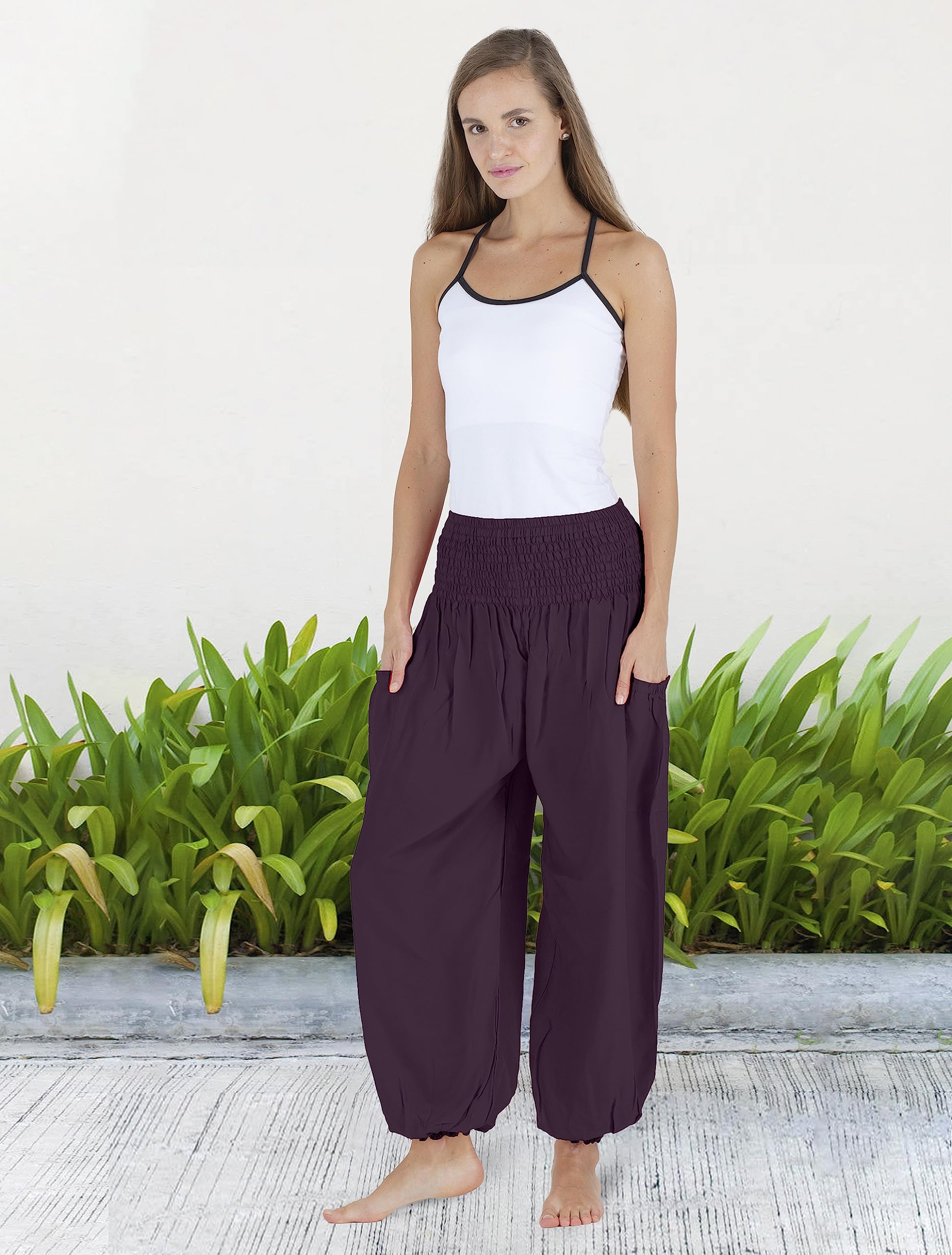HOMECLASS6 Thai Harem Pants Women - Casual Bohemian Hippie Boho Yoga Pants with Deep Pockets - Solid Color Mulberry