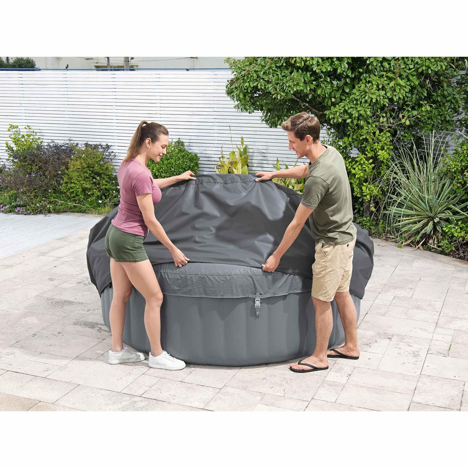 Couverture Piscine Ronde en PVC et Pom Gris Ø216 cm pour Spa, Bassin et Jacuzzi extérieur, résistance aux intempéries, Isolation Thermique, Porte zippée Pratique, Protection Durable