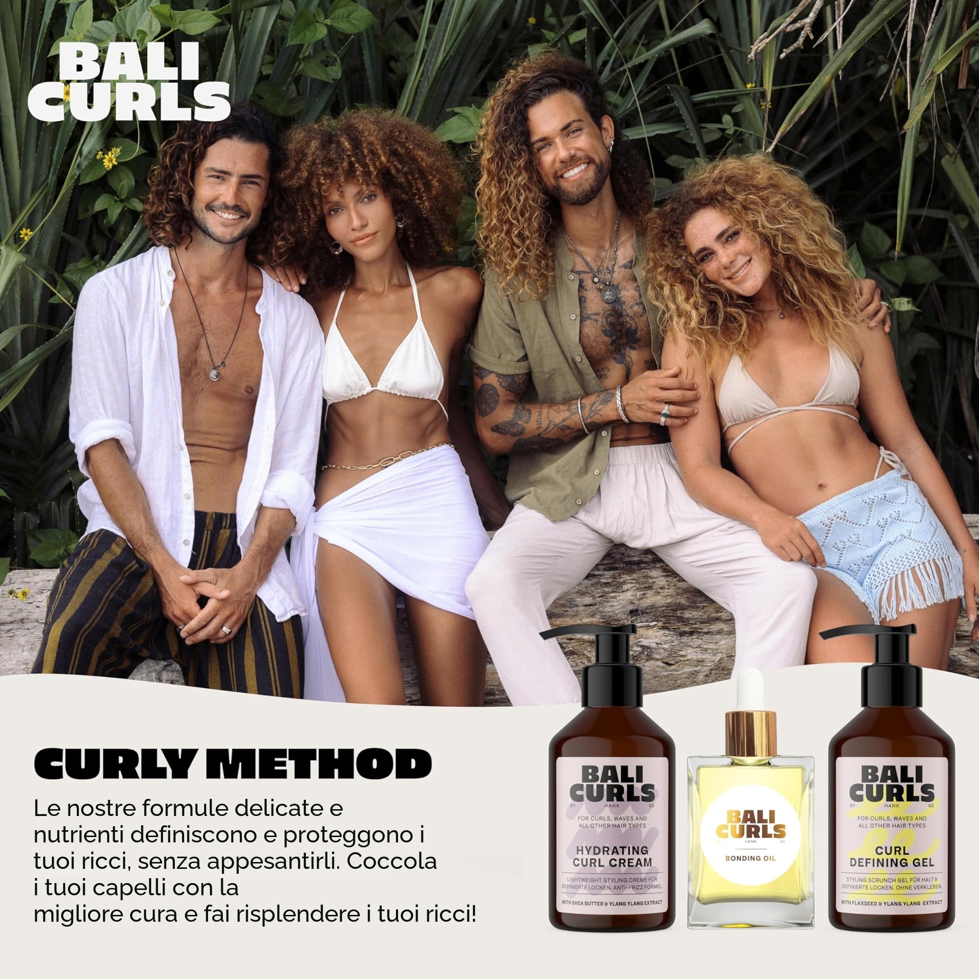 Bali Curls Set – Gel Defining Curl (150 ml), Crema Idratante Curl (150 ml) e olio di fissaggio (30 ml) – Kit di cura per ricci definiti, luminosi e ben curati