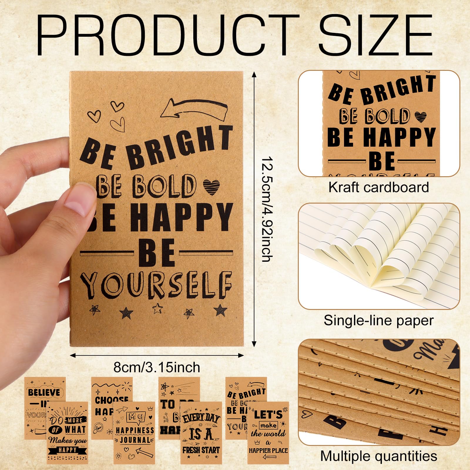 HAOWANWW 32Pack Let's Be Happy Notebooks Bulk,Lined Happiness Themed Journals for Kids Coworkers 4.92x3.14In Brown Kraft Notebook with Bamboo Retractable Ballpoint Pens Inspirational Pockets Notebook - Image 2